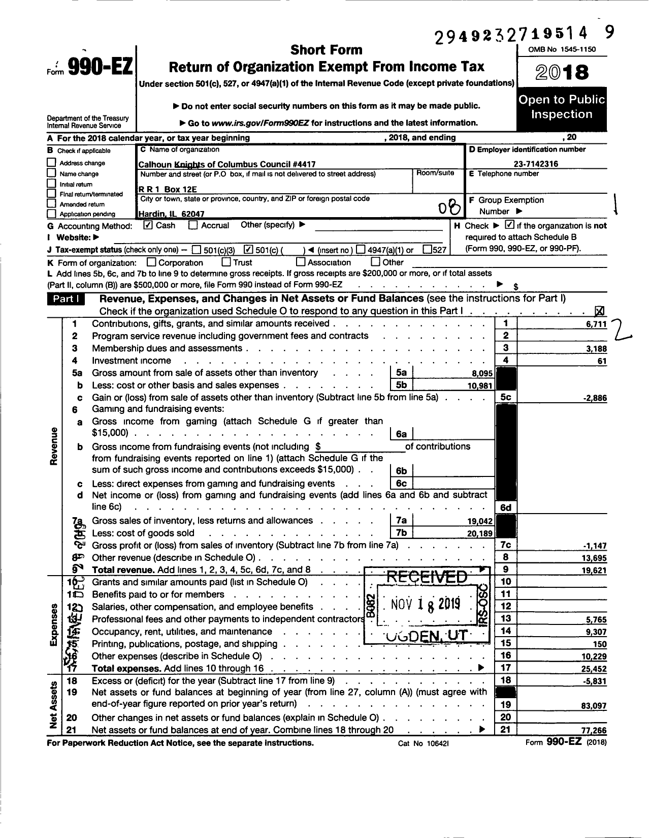 Image of first page of 2018 Form 990EO for Knights of Columbus - 4417 Calhoun County Council