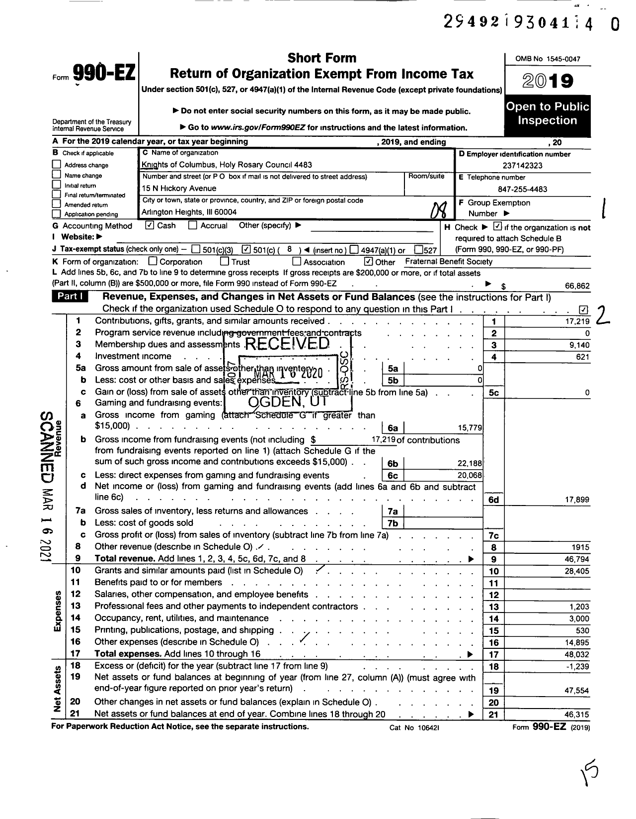 Image of first page of 2019 Form 990EO for Knights of Columbus - 4483 Holy Rosary Council