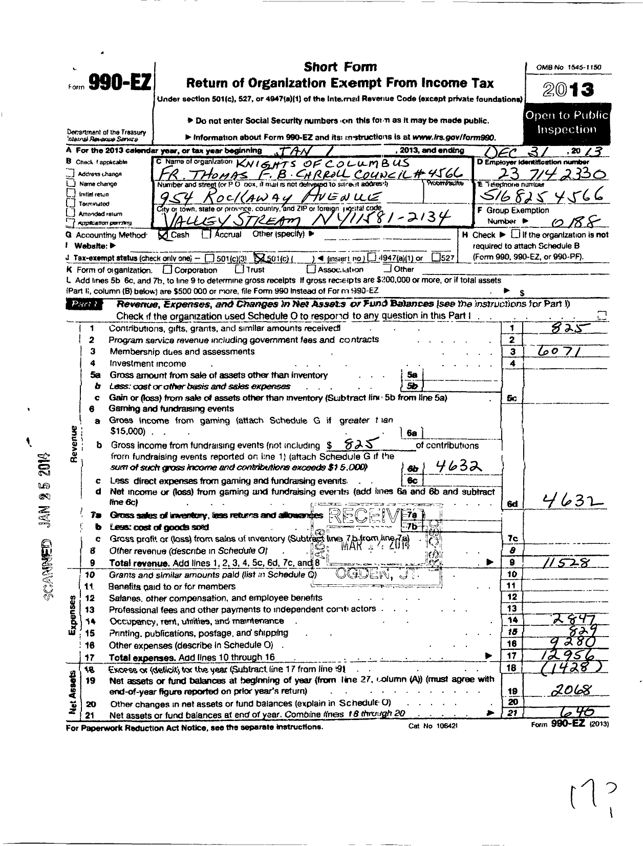 Image of first page of 2013 Form 990EZ for Knights of Columbus - 4566 Father Thomas Carroll Council