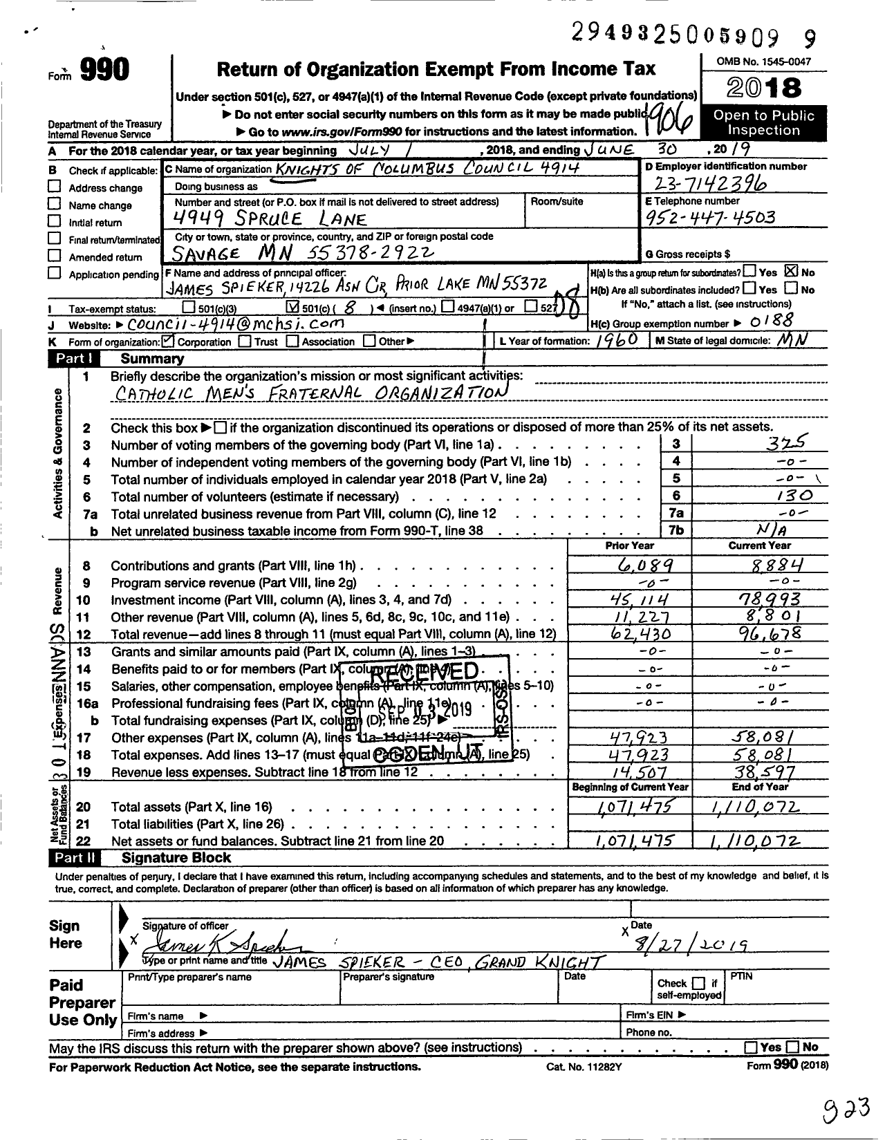 Image of first page of 2018 Form 990O for Knights of Columbus - 4914 Father John Deere Council