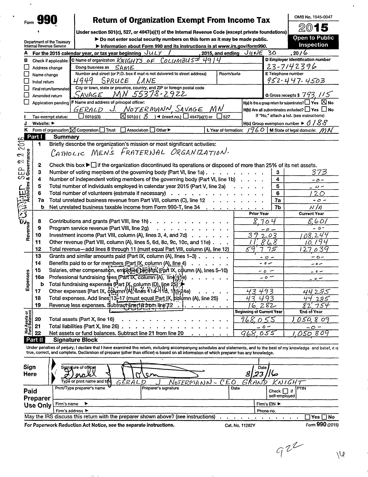 Image of first page of 2015 Form 990O for Knights of Columbus - 4914 Father John Deere Council