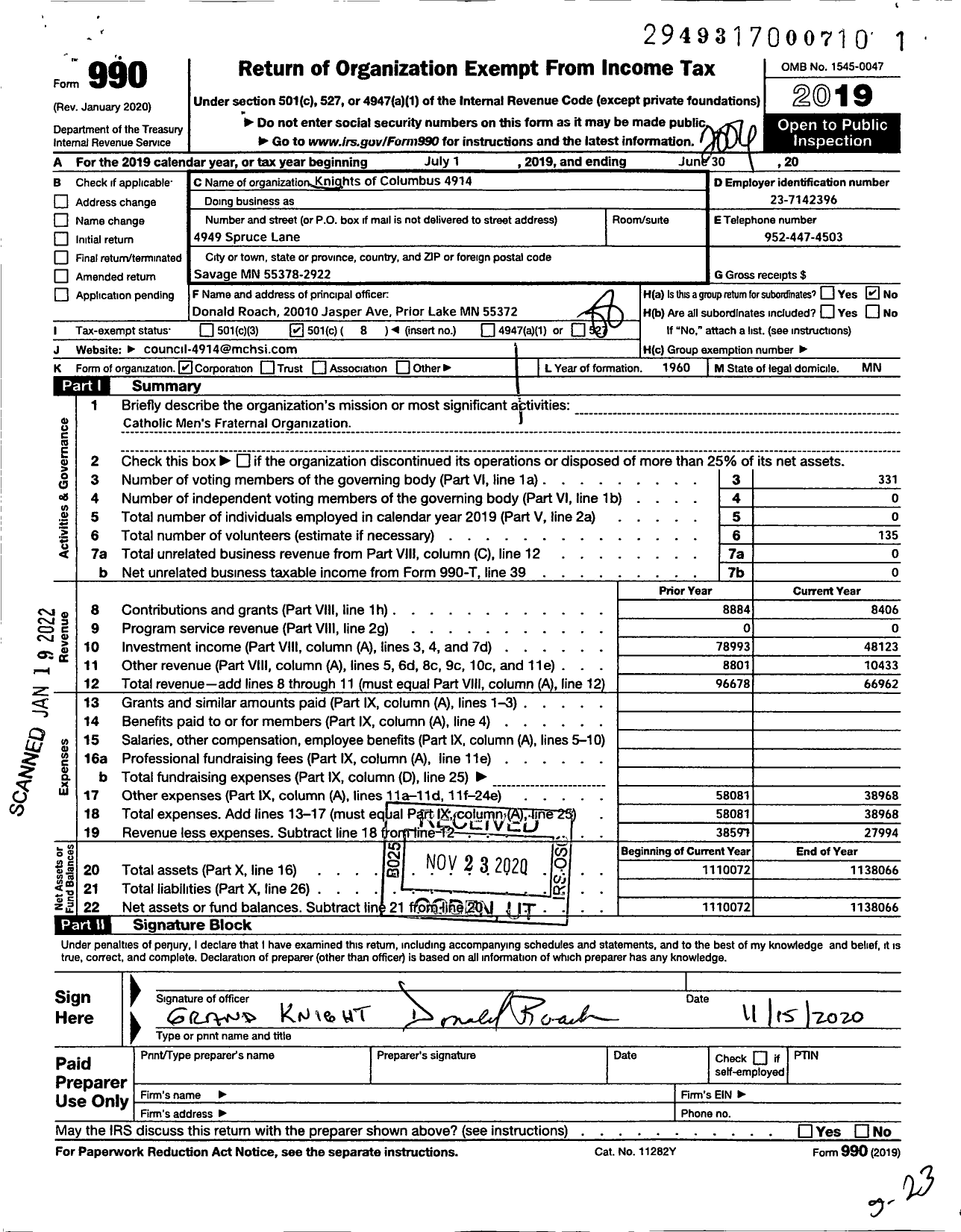 Image of first page of 2019 Form 990O for Knights of Columbus - 4914 Father John Deere Council