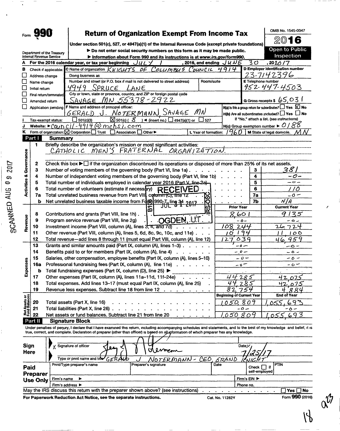 Image of first page of 2016 Form 990O for Knights of Columbus - 4914 Father John Deere Council