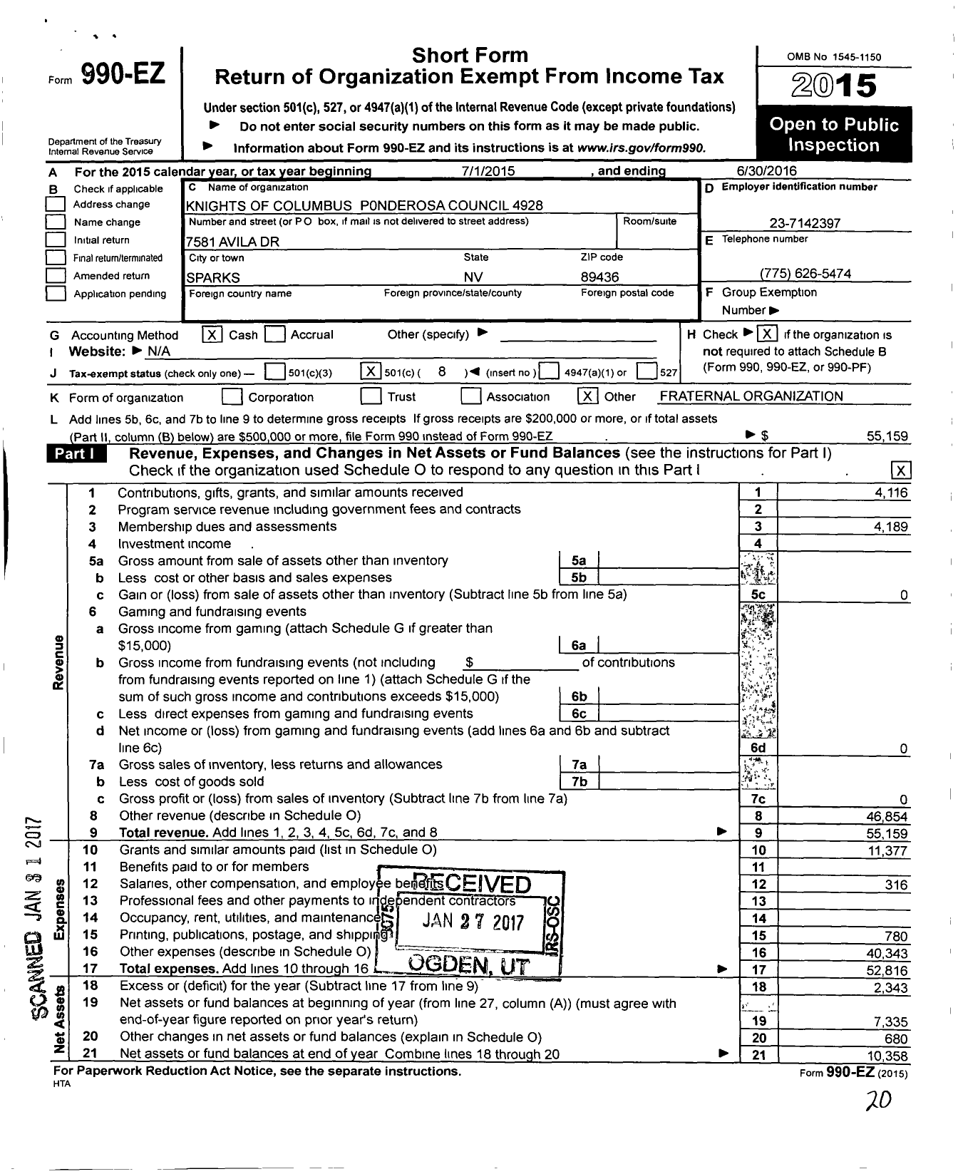 Image of first page of 2015 Form 990EO for Knights of Columbus - 4928 Ponderosa Council