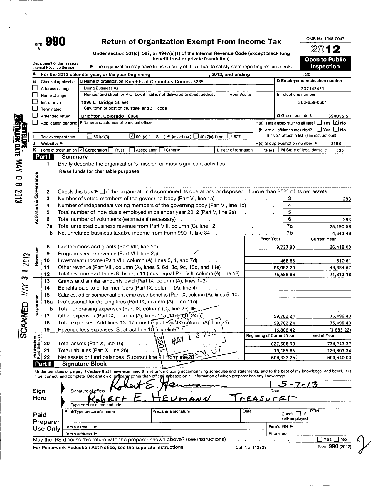 Image of first page of 2012 Form 990O for Knights of Columbus Council 3285