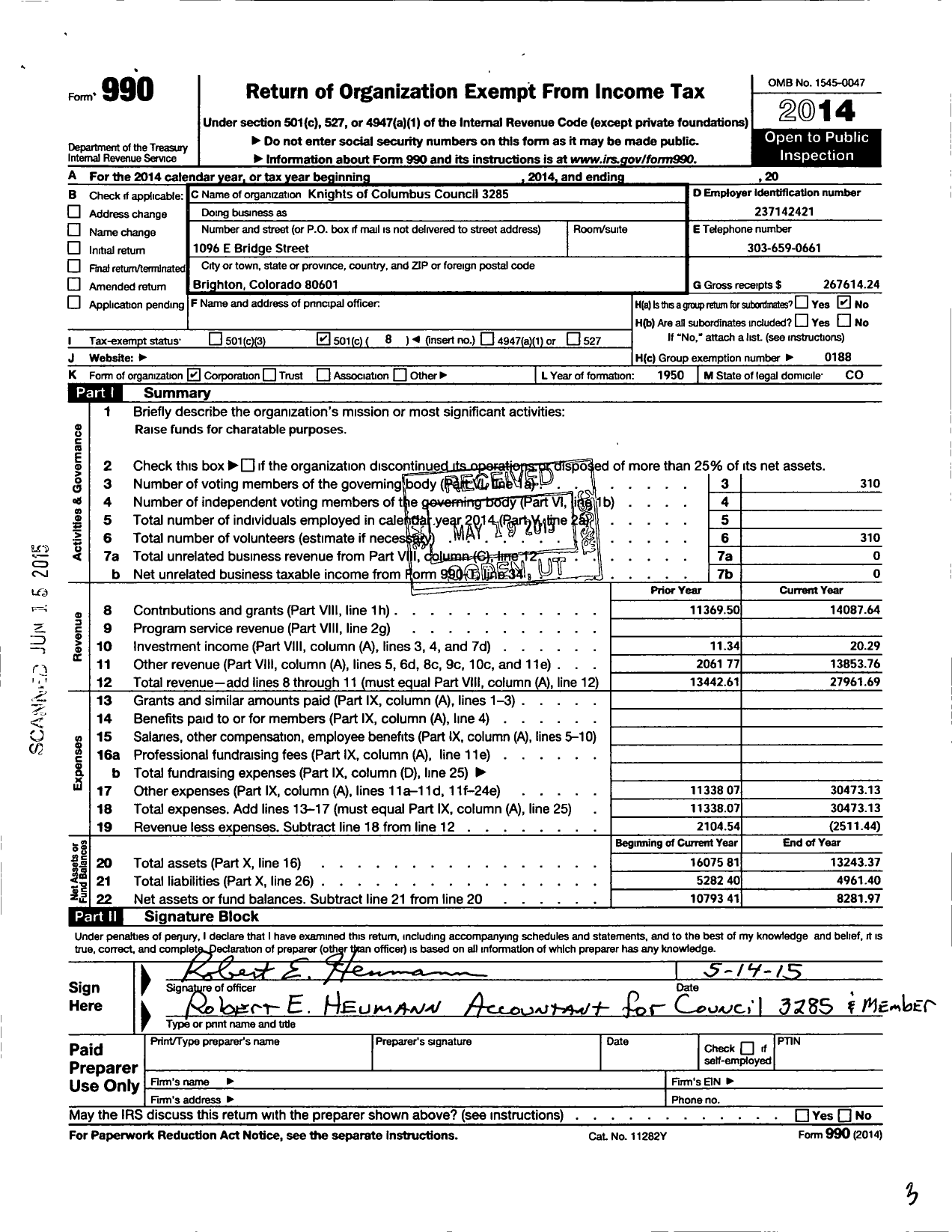 Image of first page of 2014 Form 990O for Knights of Columbus Council 3285