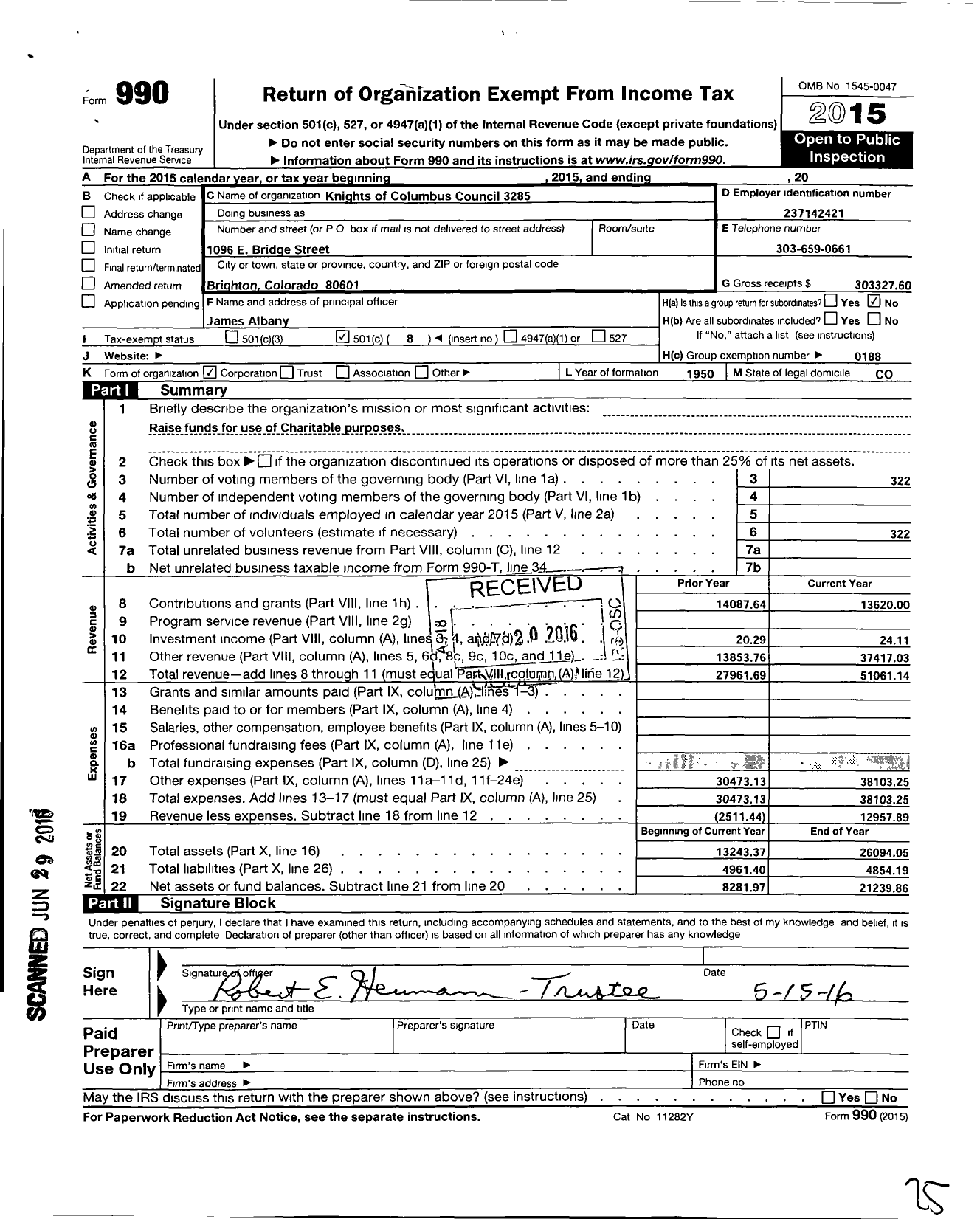 Image of first page of 2015 Form 990O for Knights of Columbus Council 3285