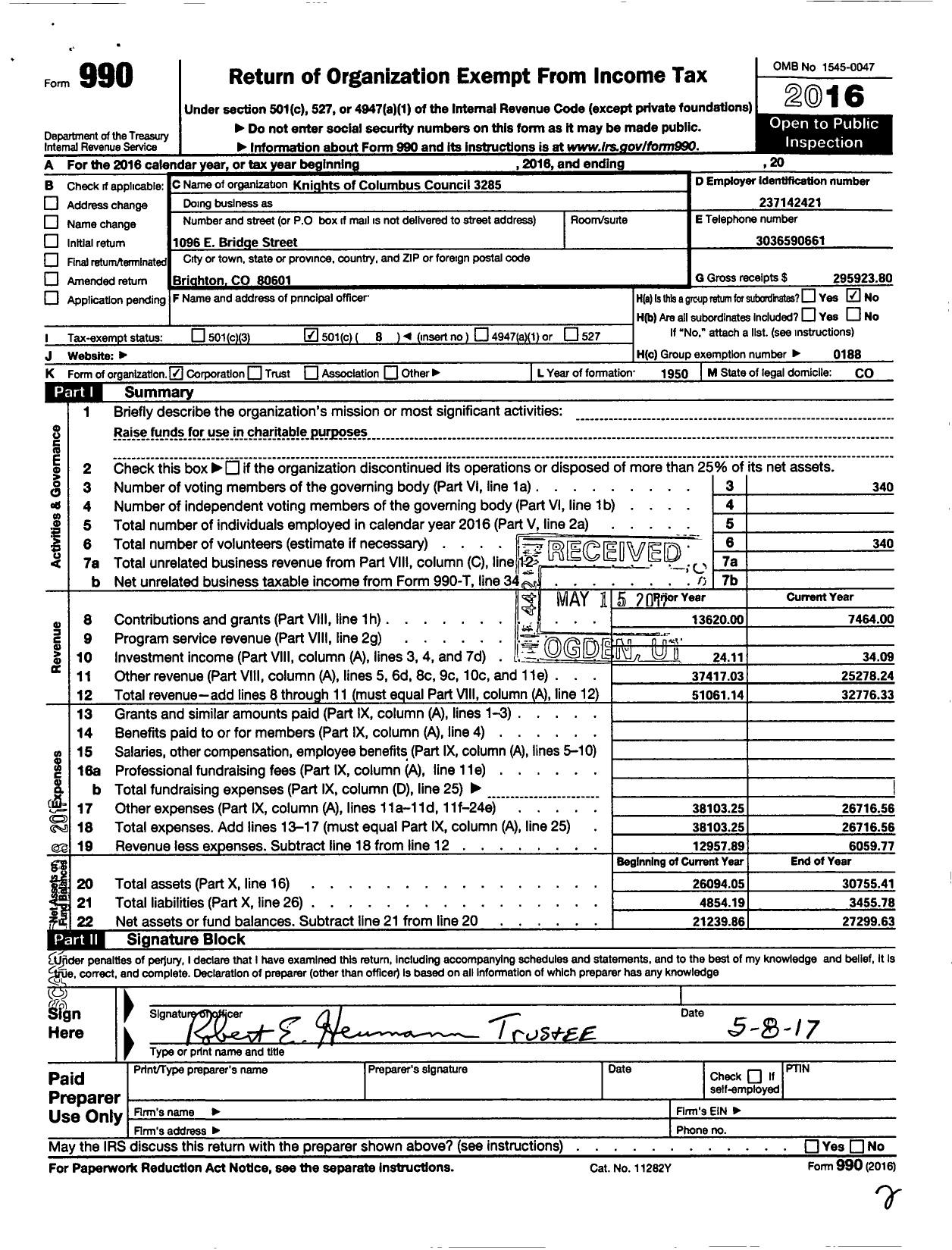 Image of first page of 2016 Form 990O for Knights of Columbus Council 3285