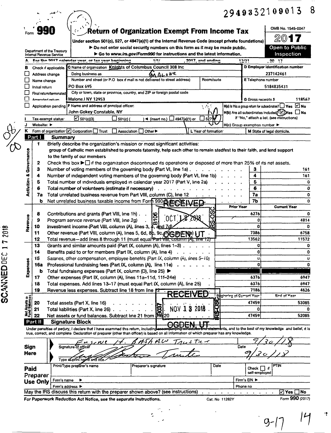 Image of first page of 2017 Form 990O for Knights of Columbus Melone Council 308