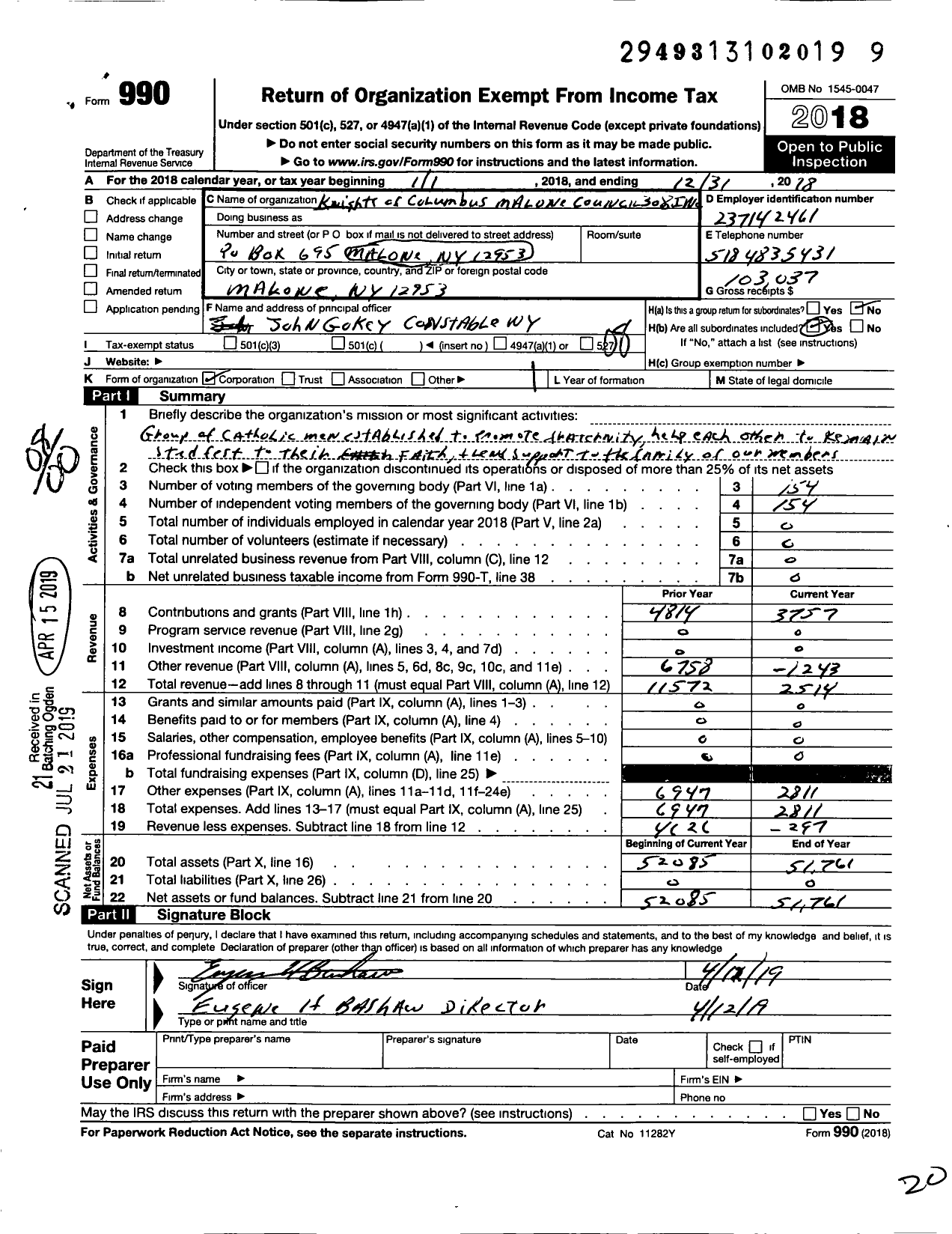 Image of first page of 2018 Form 990O for Knights of Columbus Melone Council 308