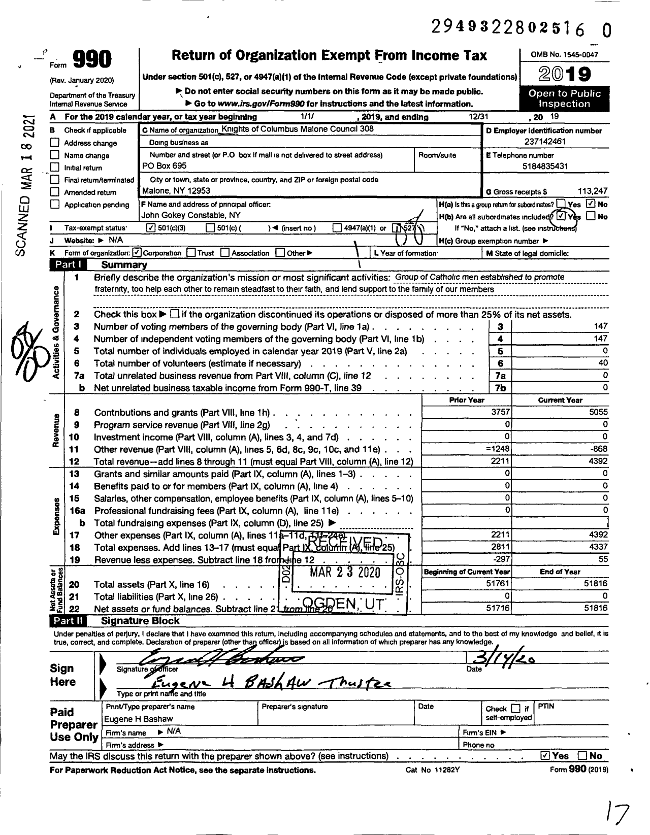 Image of first page of 2019 Form 990O for Knights of Columbus Melone Council 308