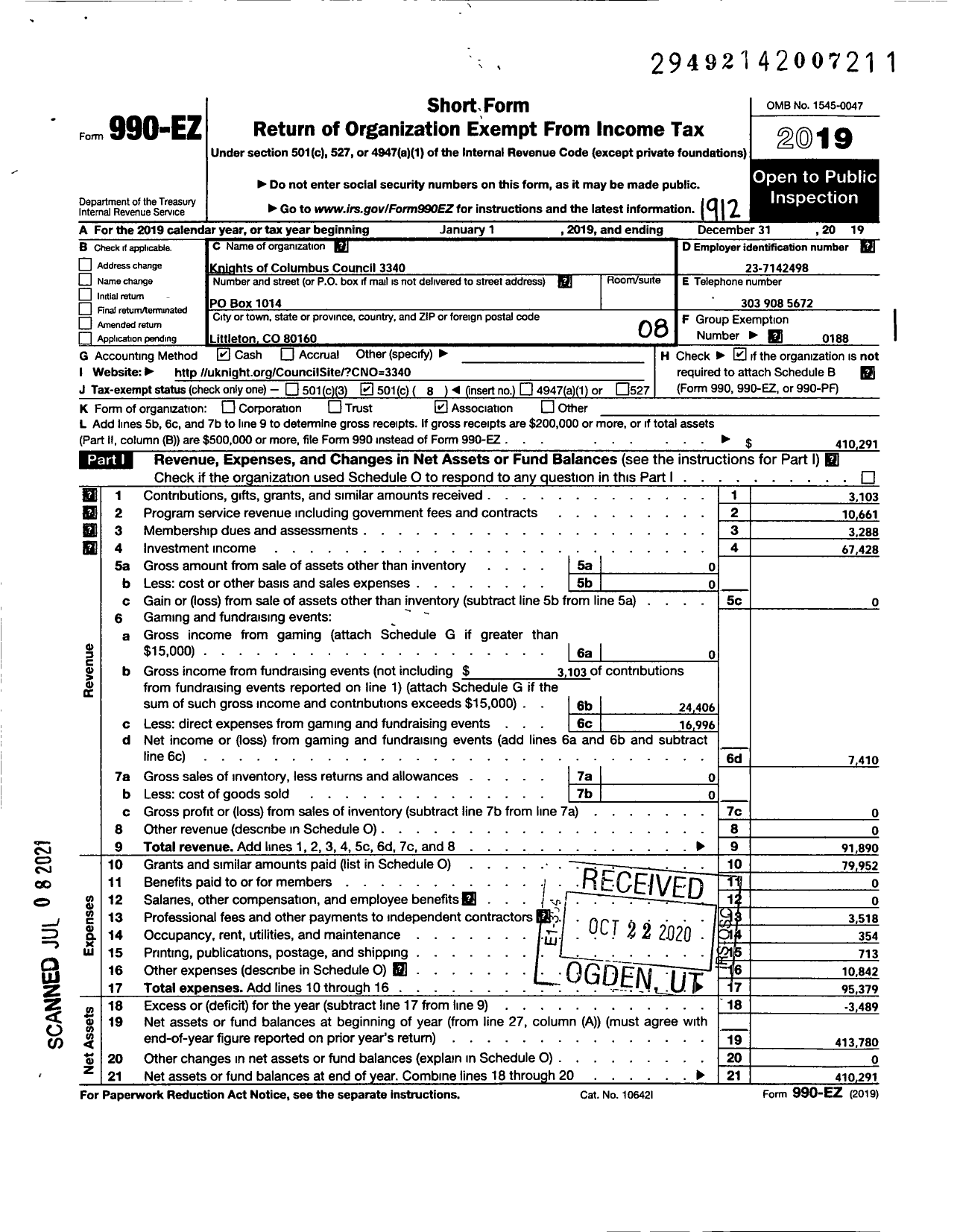 Image of first page of 2019 Form 990EO for Knights of Columbus - 3340 Dr Earl C Bach Council