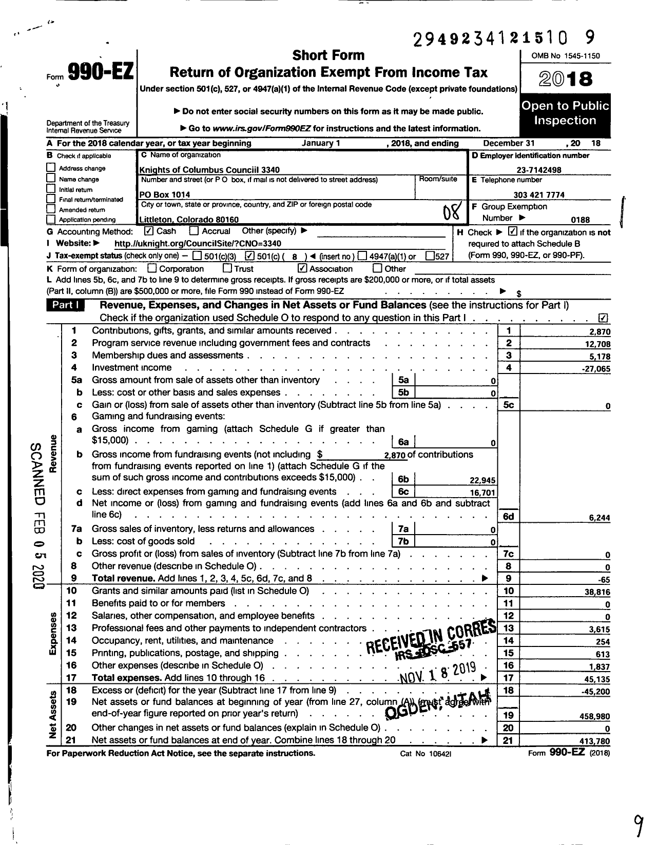 Image of first page of 2018 Form 990EO for Knights of Columbus - 3340 Dr Earl C Bach Council