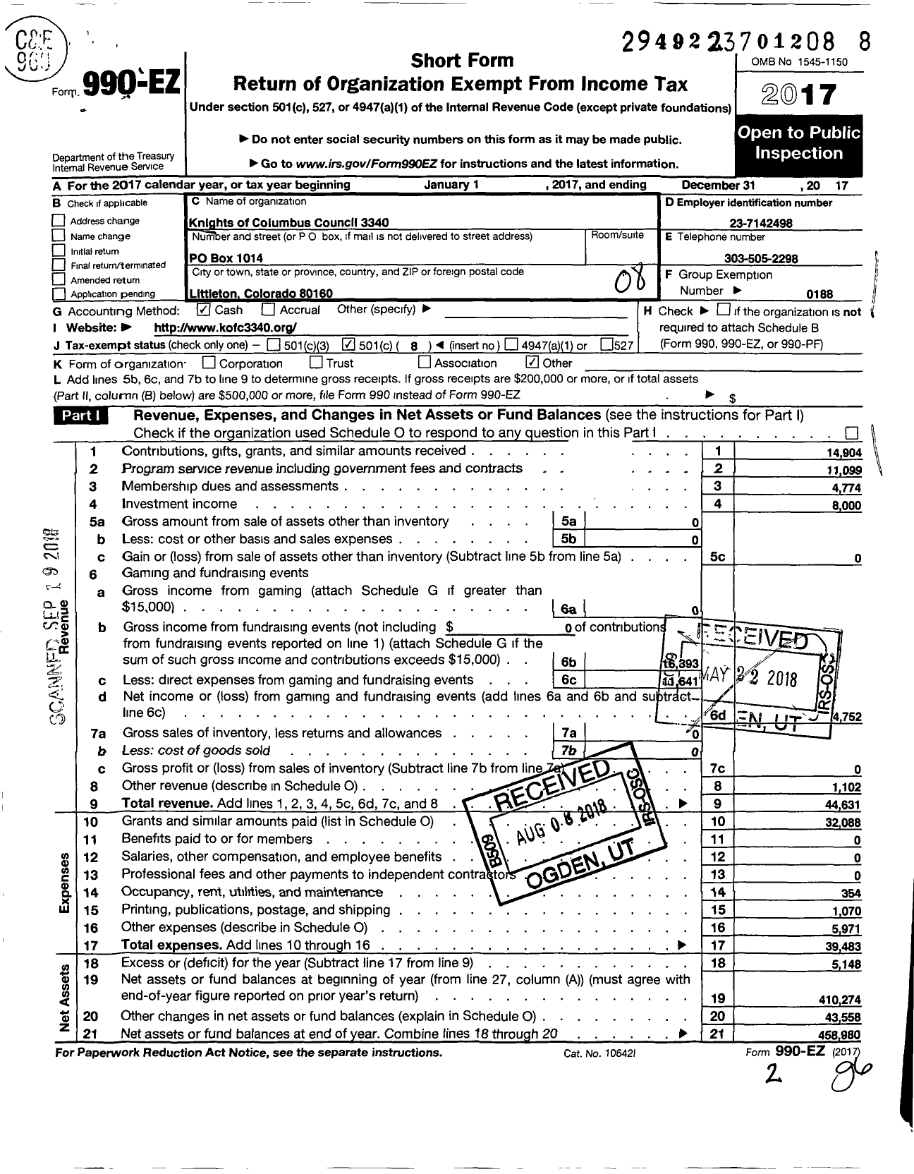 Image of first page of 2017 Form 990EO for Knights of Columbus - 3340 Dr Earl C Bach Council