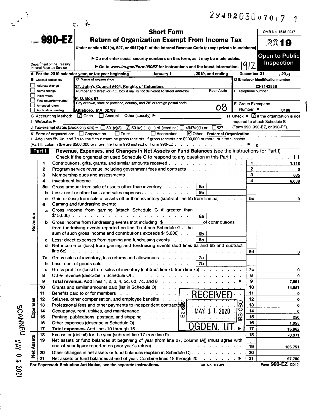 Image of first page of 2019 Form 990EO for Knights of Columbus - 404 St John Council