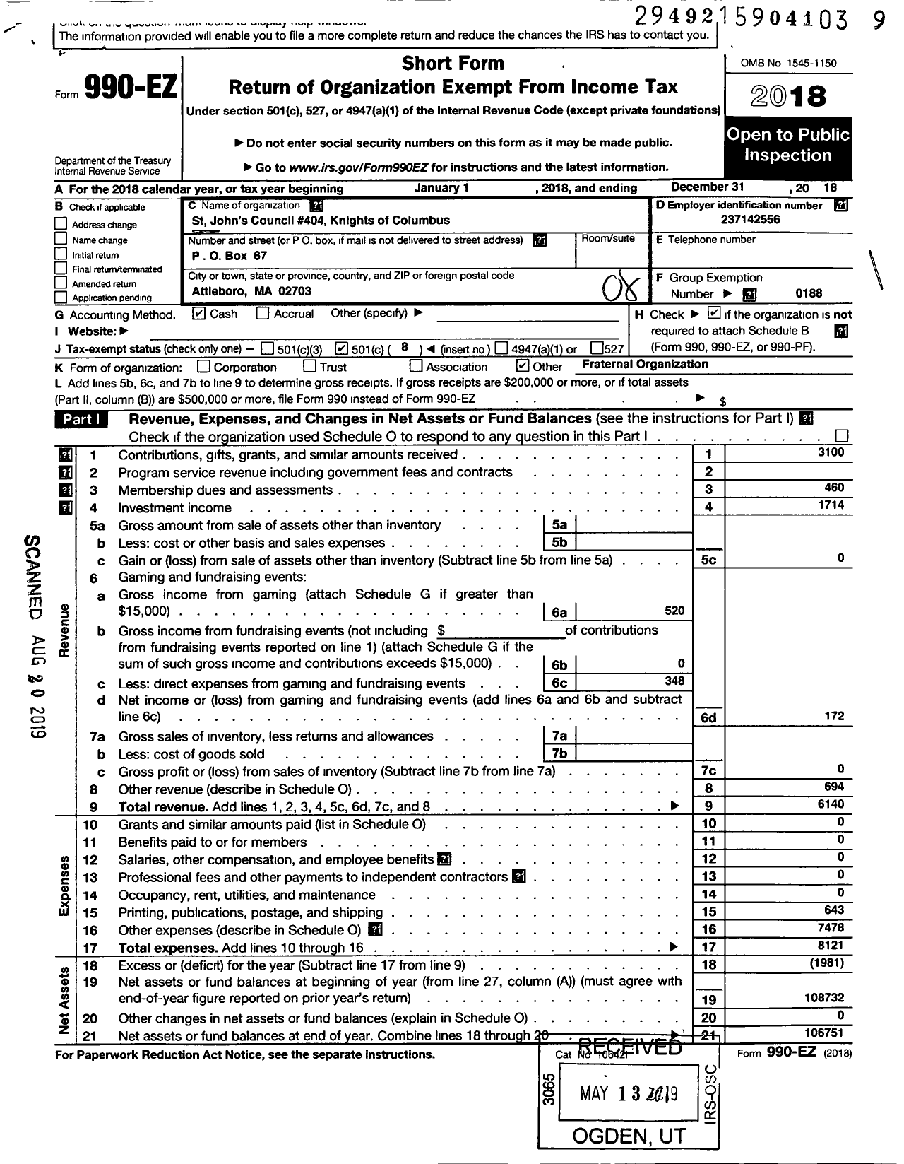 Image of first page of 2018 Form 990EO for Knights of Columbus - 404 St John Council