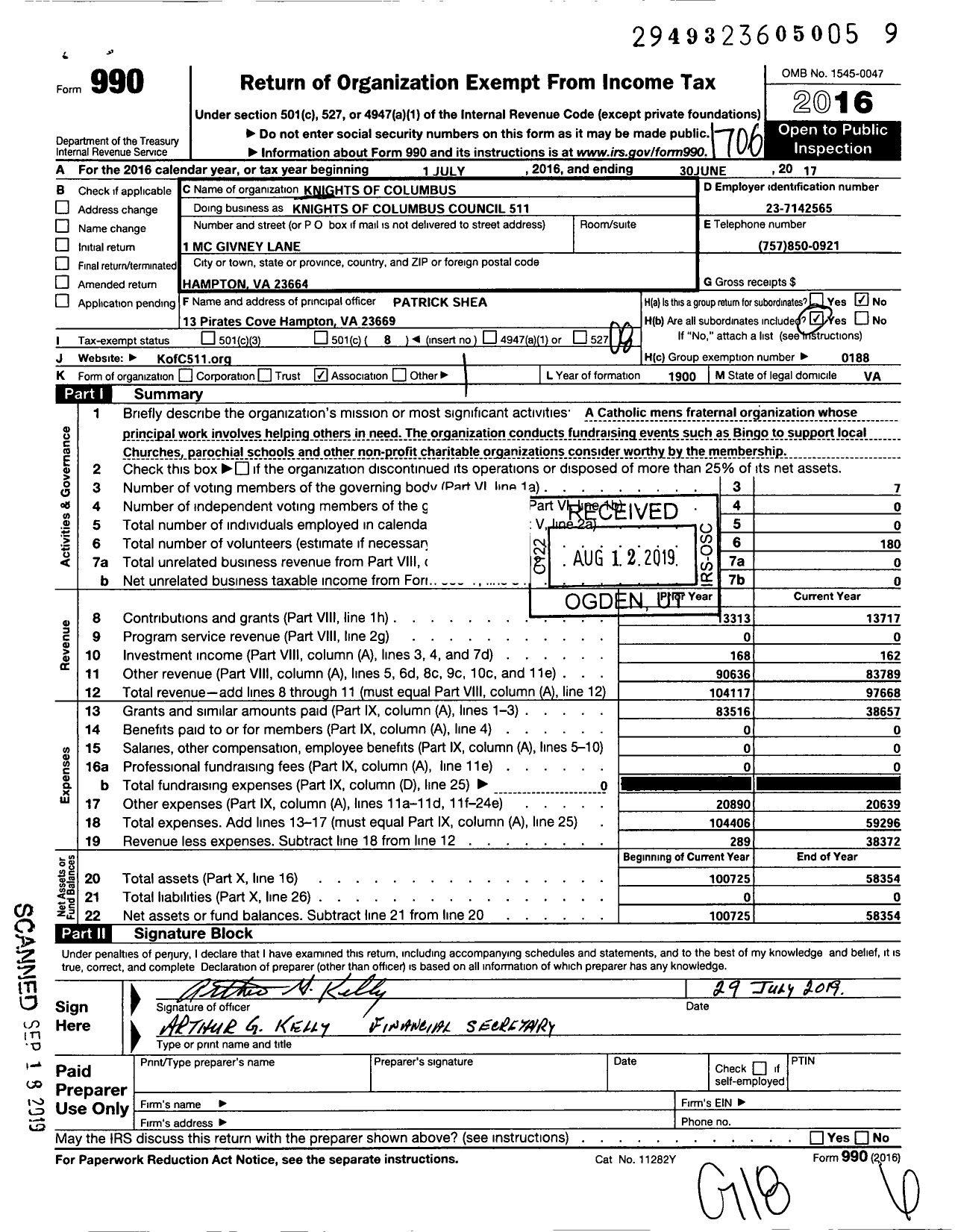 Image of first page of 2016 Form 990O for Knights of Columbus - 511 Mary Star of the Sea Council