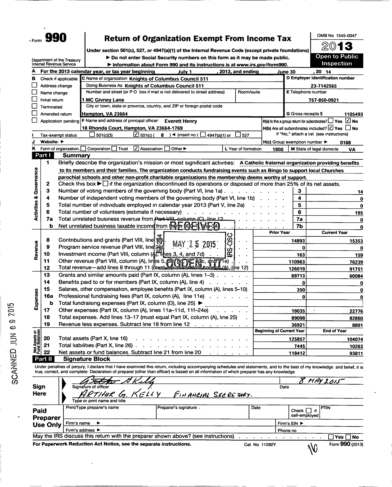 Image of first page of 2013 Form 990O for Knights of Columbus - 511 Mary Star of the Sea Council