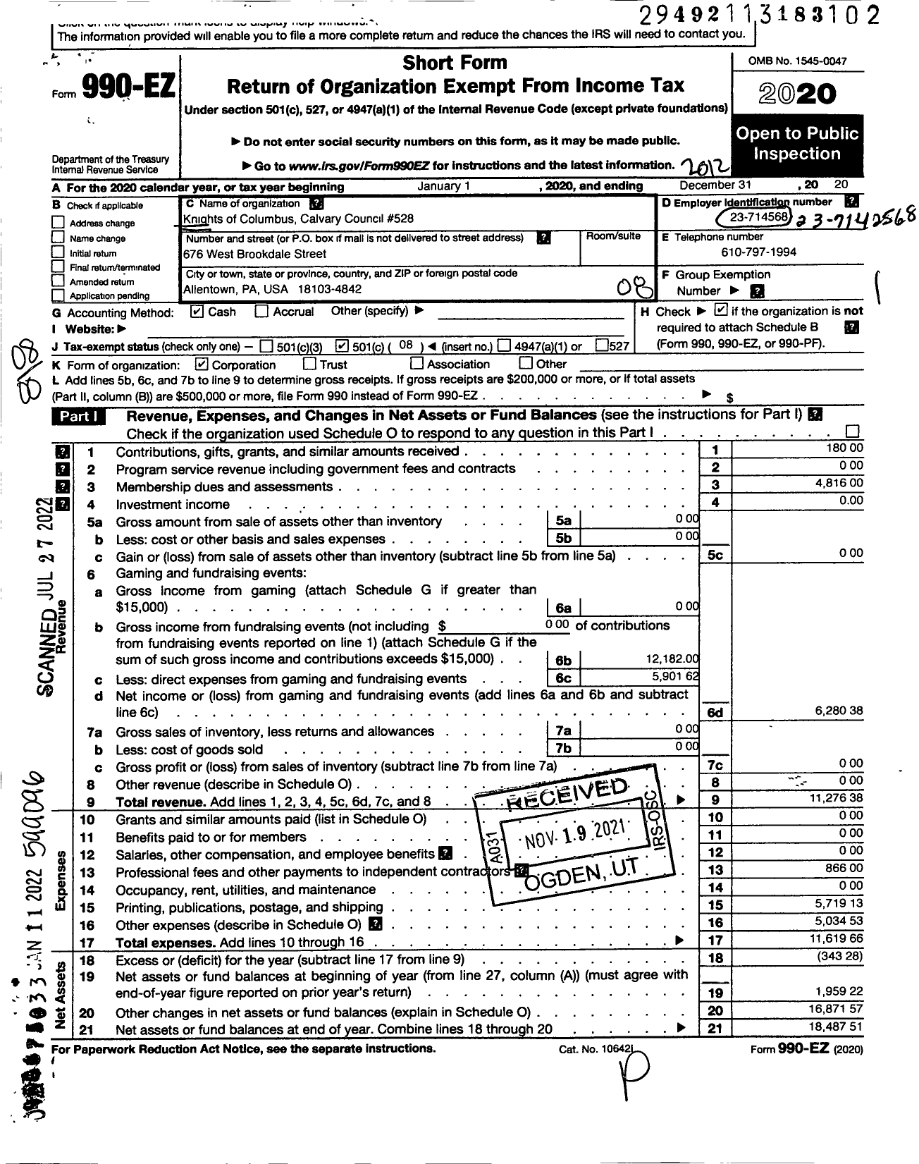 Image of first page of 2020 Form 990EO for Knights of Columbus