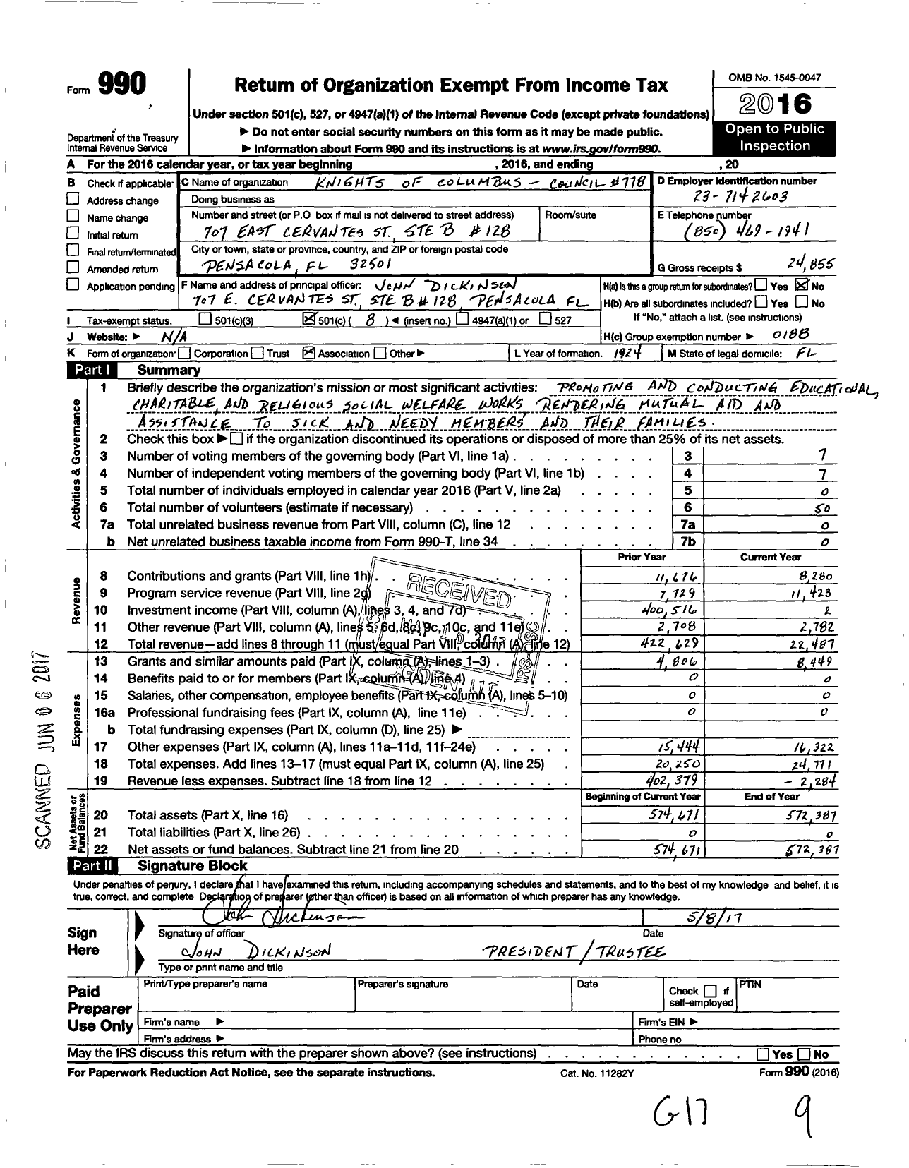 Image of first page of 2016 Form 990O for Knights of Columbus - 778 Pensacola Council