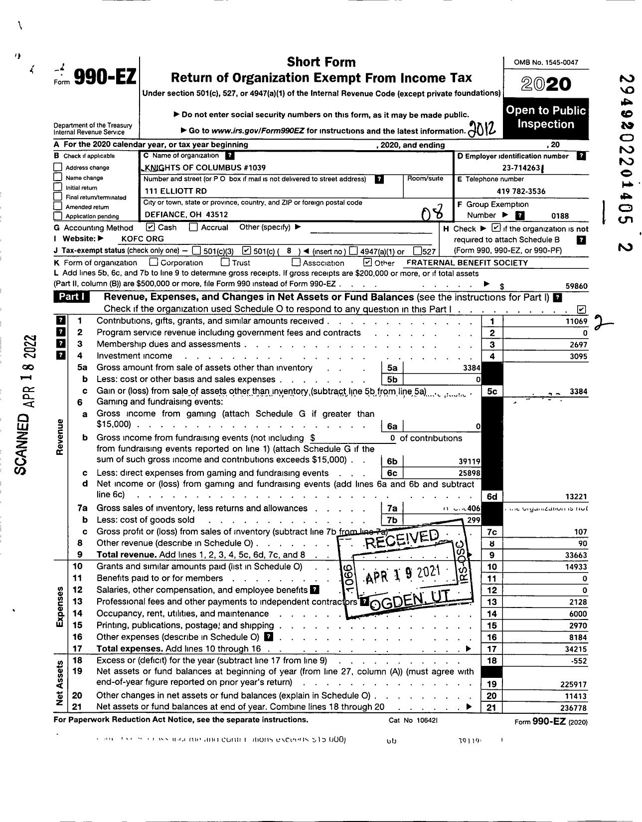 Image of first page of 2020 Form 990EO for Knights of Columbus - 1039 Monsignor Lang Council