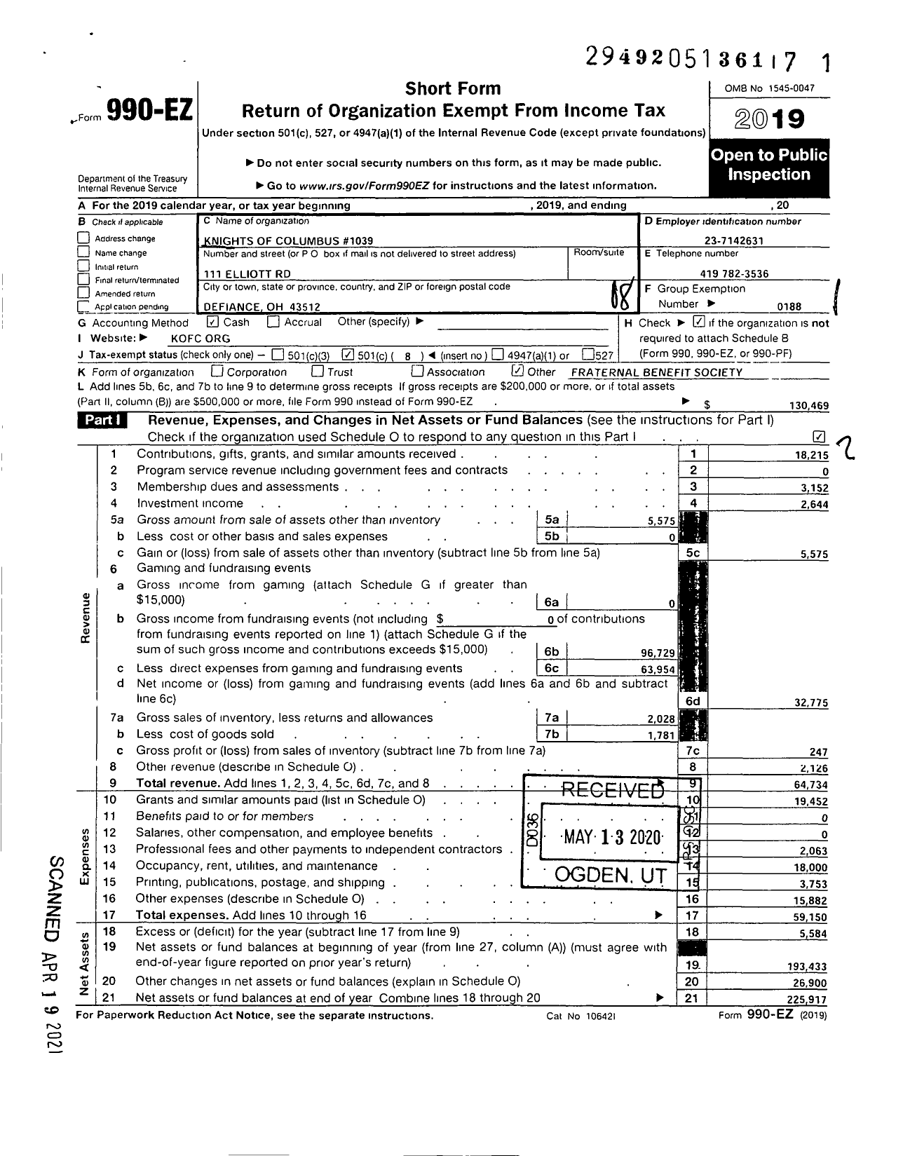 Image of first page of 2019 Form 990EO for Knights of Columbus - 1039 Monsignor Lang Council