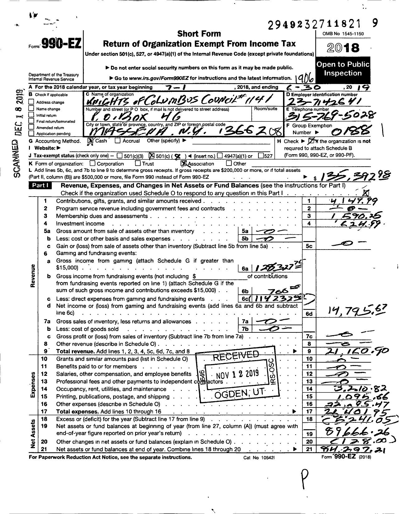 Image of first page of 2018 Form 990EO for Knights of Columbus - 1141 St Lawrence Council