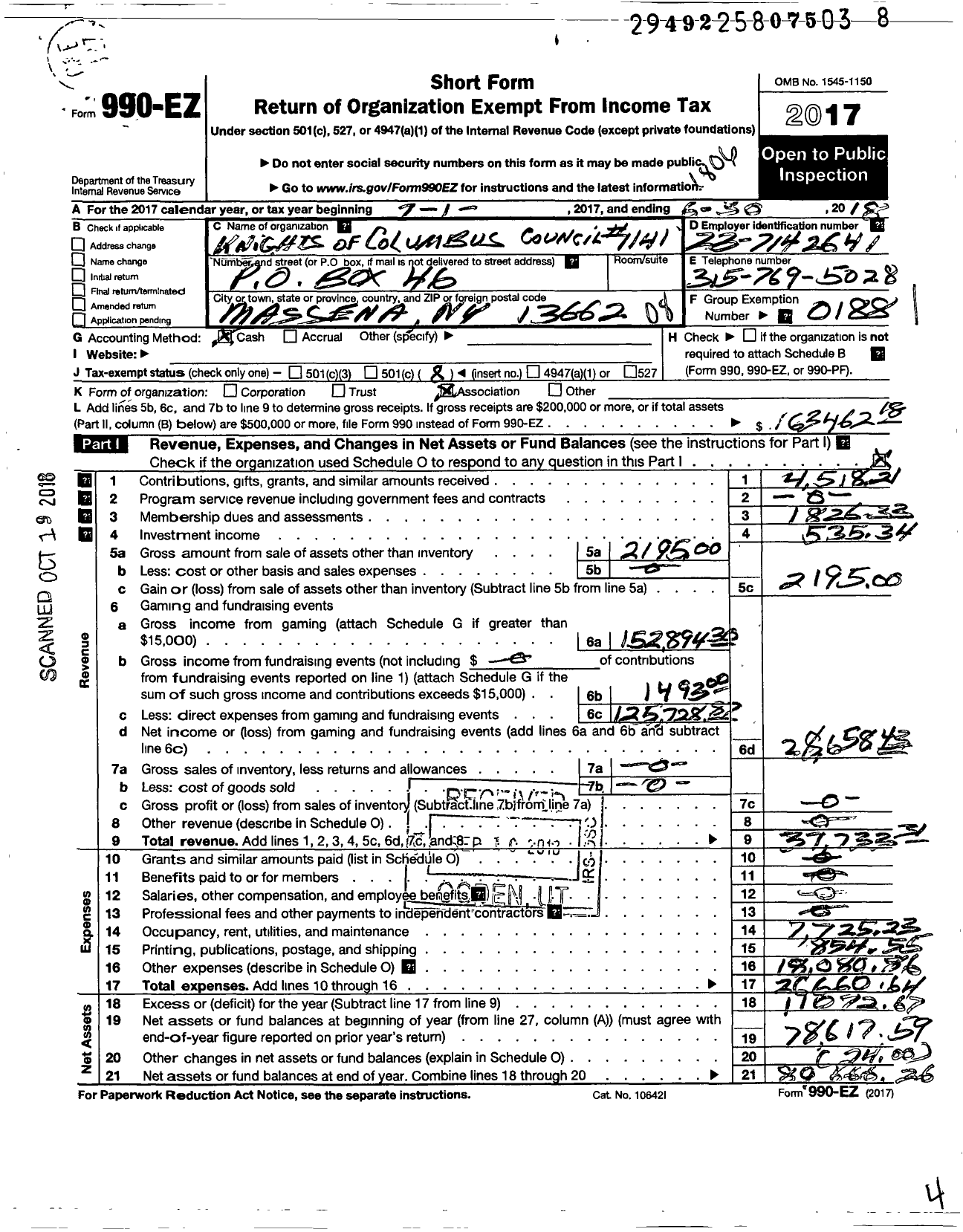 Image of first page of 2017 Form 990EO for Knights of Columbus - 1141 St Lawrence Council