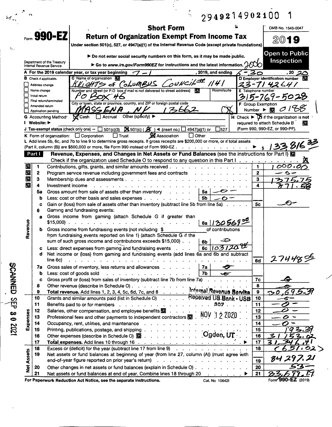 Image of first page of 2019 Form 990EO for Knights of Columbus - 1141 St Lawrence Council