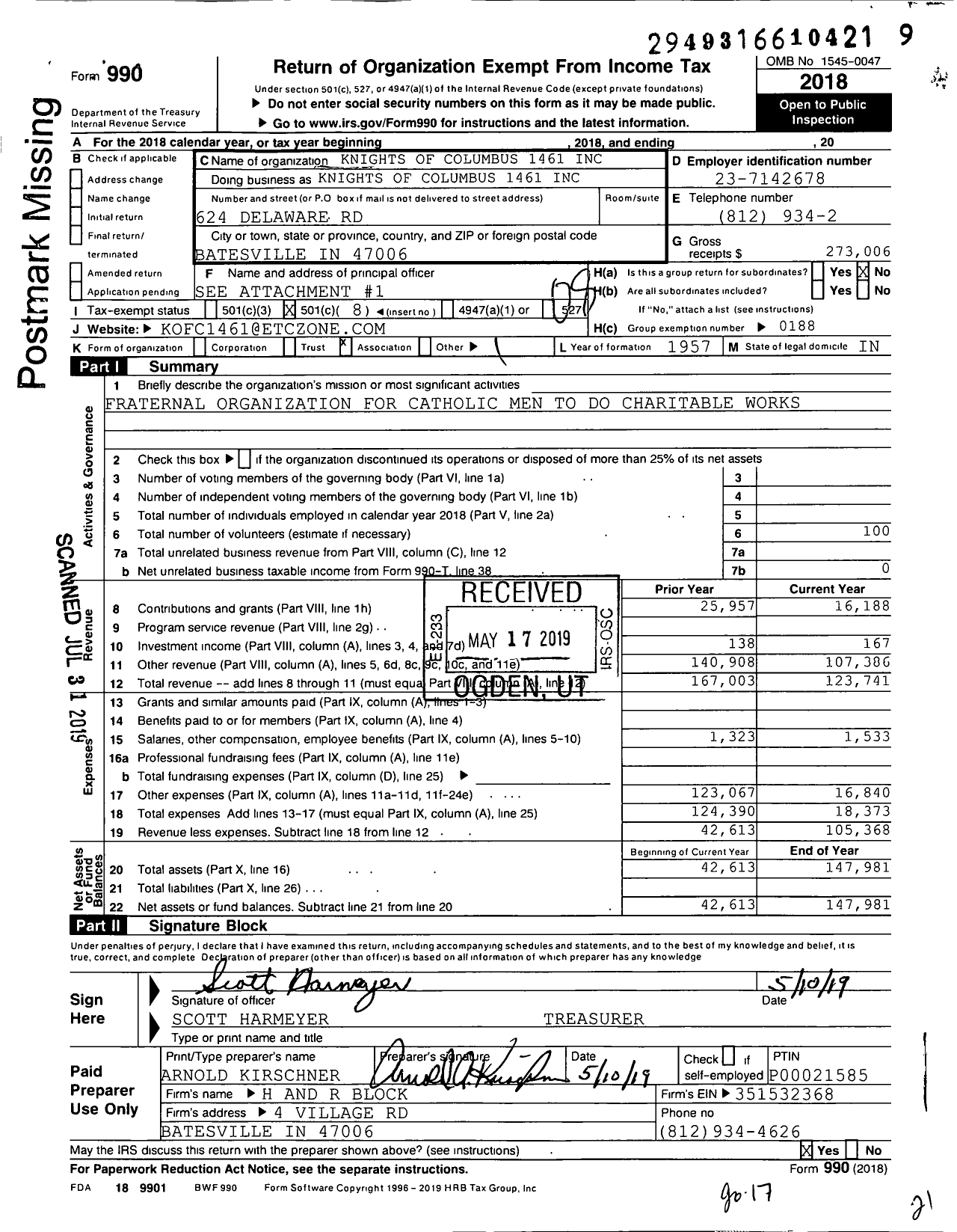 Image of first page of 2018 Form 990O for Knights of Columbus - 1461 Batesville Council