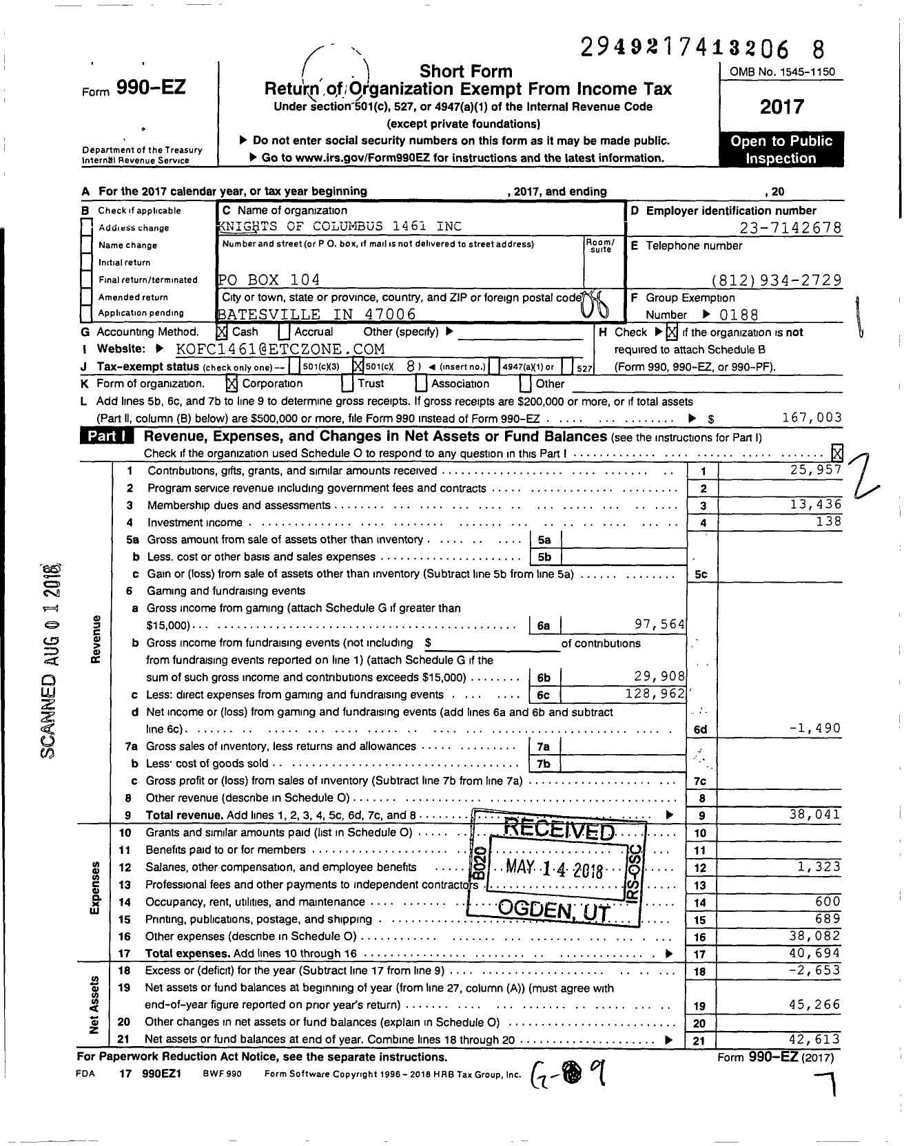 Image of first page of 2017 Form 990EO for Knights of Columbus - 1461 Batesville Council