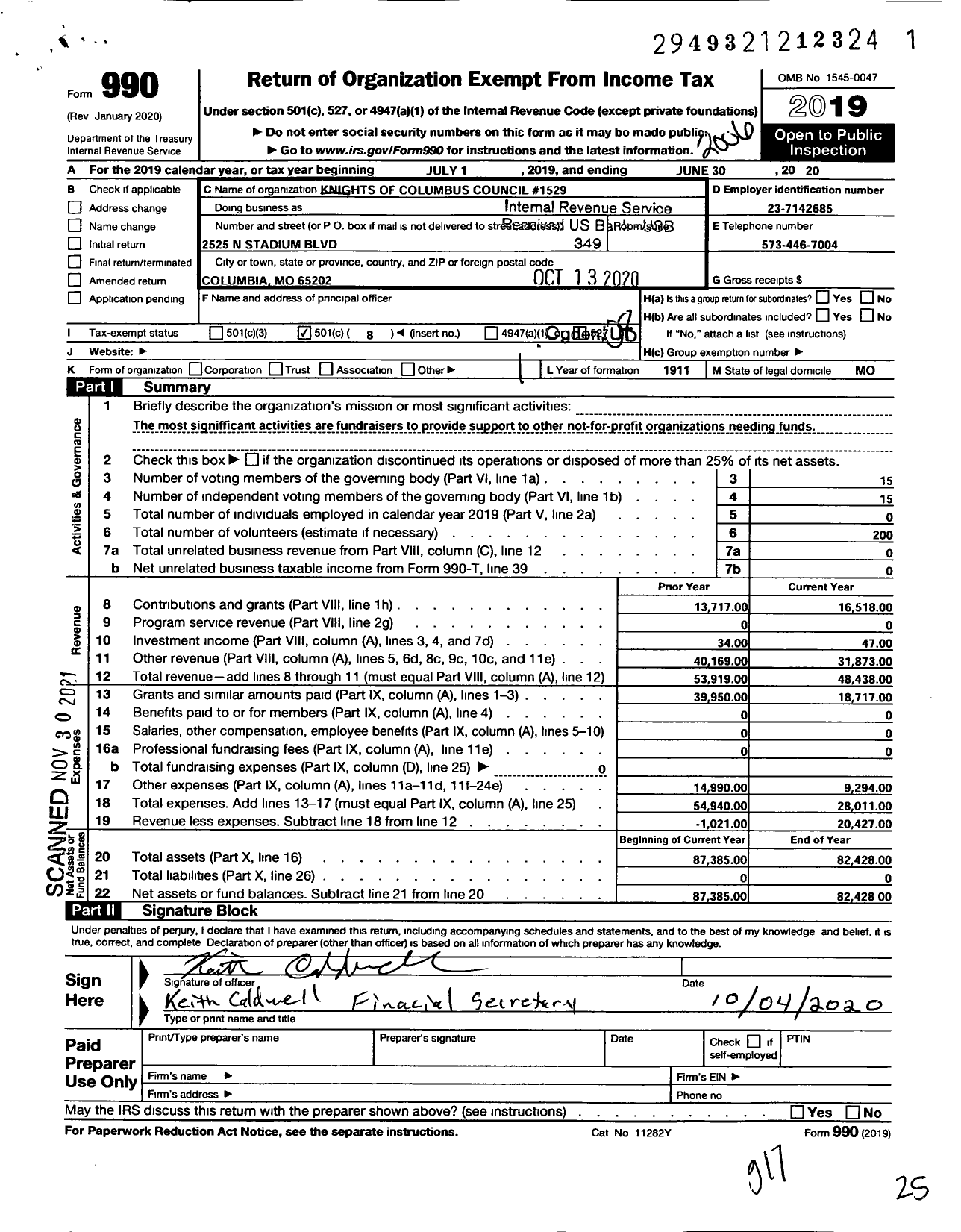 Image of first page of 2019 Form 990O for Knights of Columbus - 1529 Columbia Council