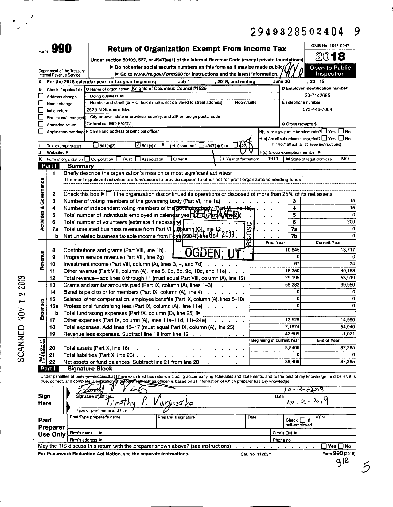 Image of first page of 2018 Form 990O for Knights of Columbus - 1529 Columbia Council