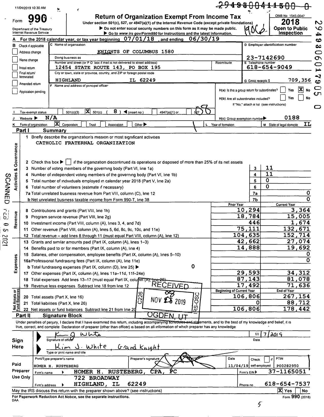 Image of first page of 2018 Form 990O for Knights of Columbus - 1580 Highland Council