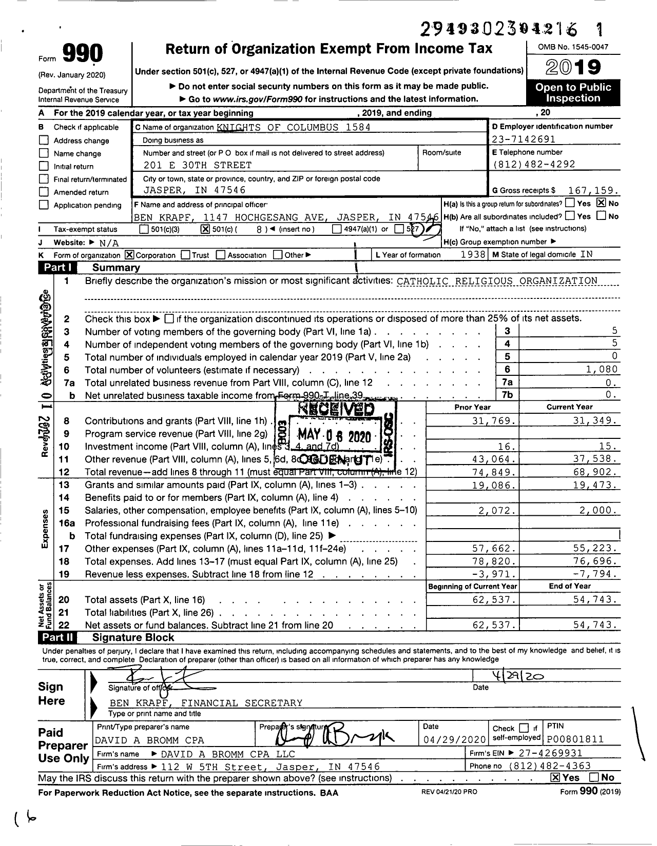 Image of first page of 2019 Form 990 for Knights of Columbus - 1584 Monsignor Othmar Council