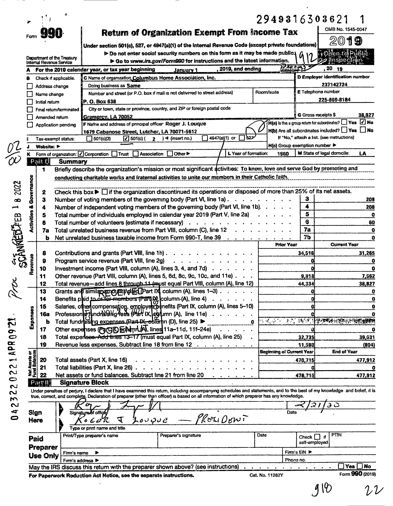 Image of first page of 2019 Form 990O for Columbus Home Association