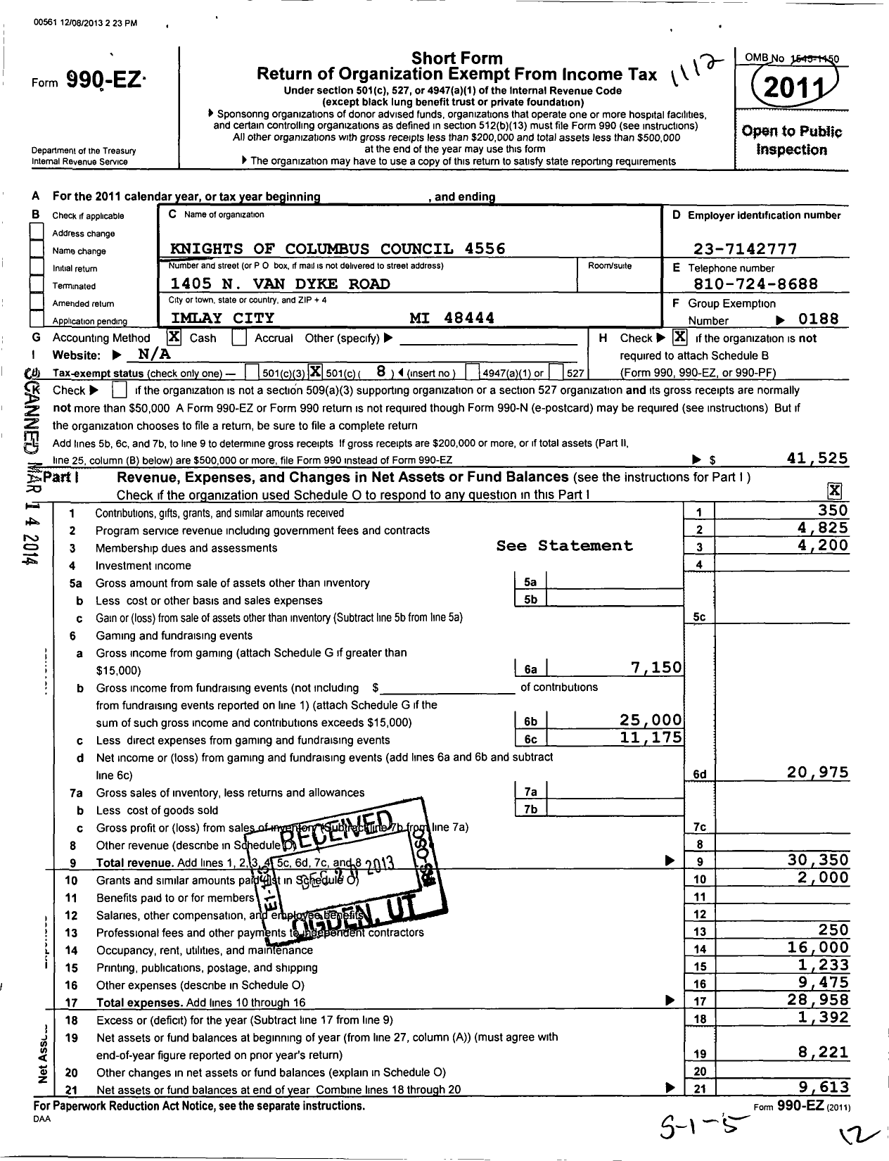 Image of first page of 2011 Form 990EO for Knights of Columbus - 4556 Our Lady Queen of Peace