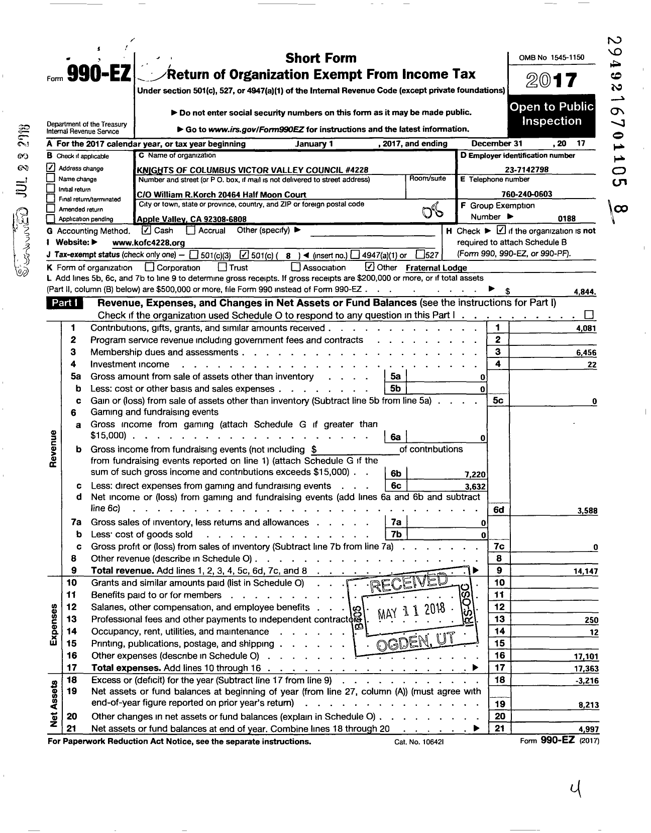 Image of first page of 2017 Form 990EO for Knights of Columbus - 4228 Victor Valley Council