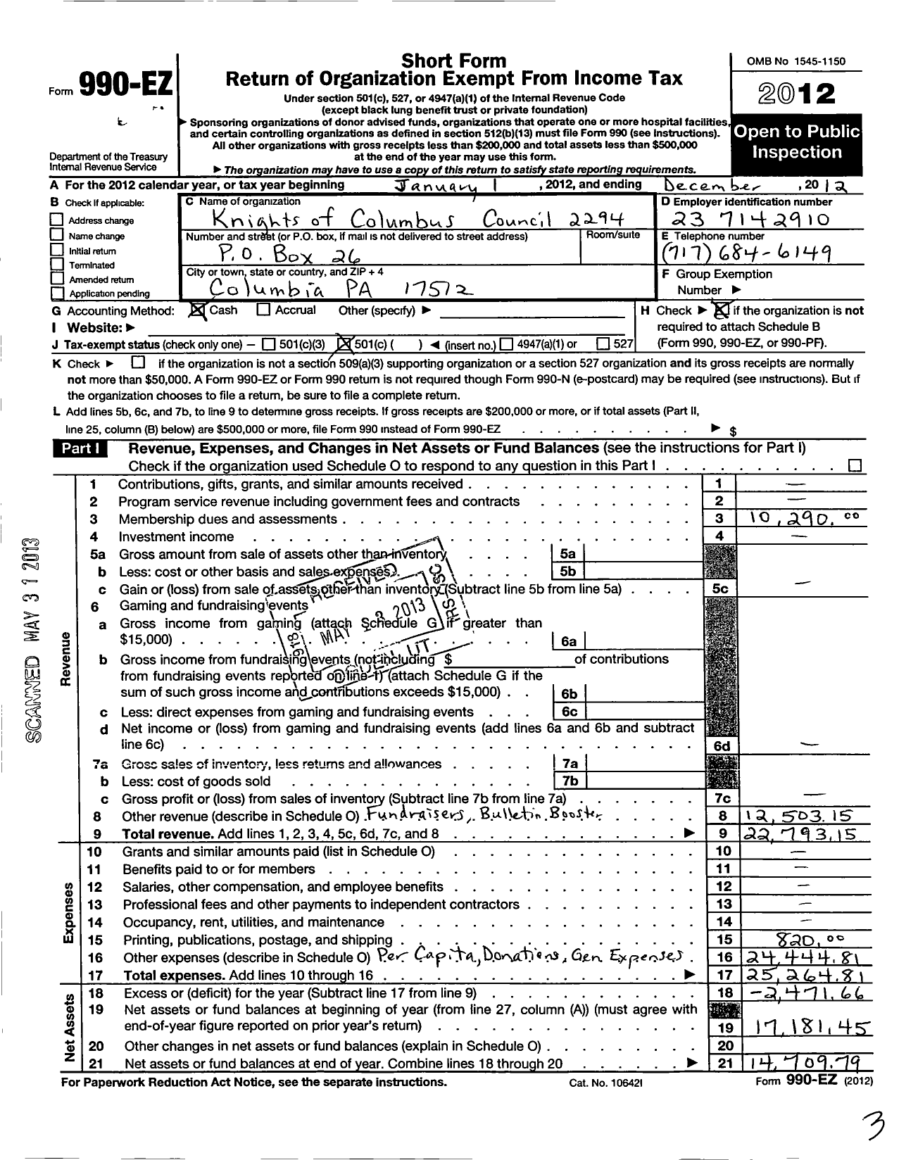 Image of first page of 2012 Form 990EO for Knights of Columbus - 2294 Columbia Council