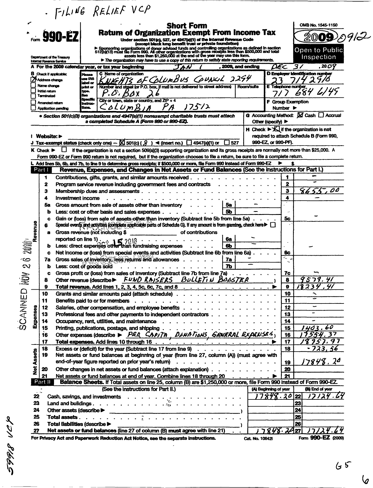 Image of first page of 2009 Form 990EO for Knights of Columbus