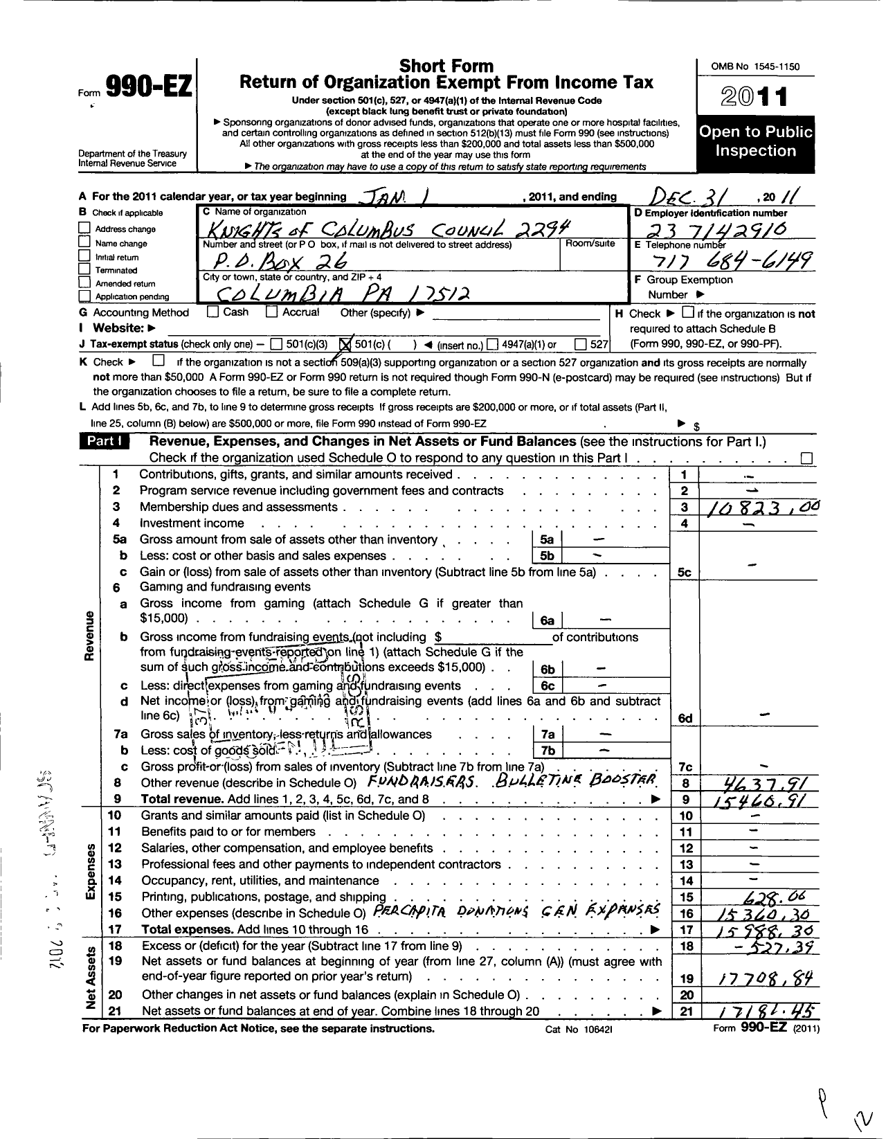 Image of first page of 2011 Form 990EO for Knights of Columbus - 2294 Columbia Council