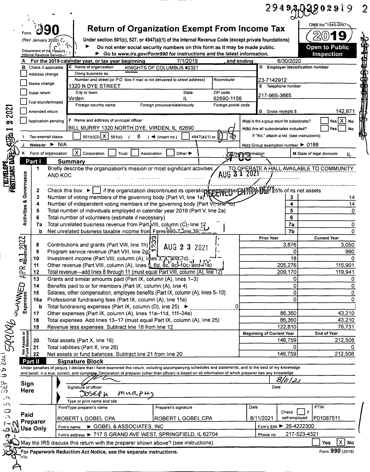 Image of first page of 2019 Form 990O for Knights of Columbus - 2321 Virden Council