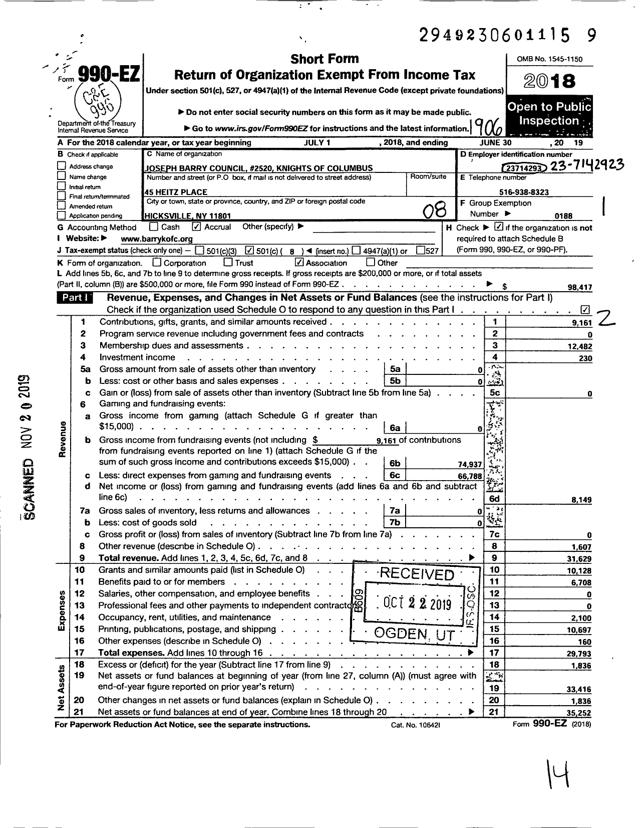 Image of first page of 2018 Form 990EO for Knights of Columbus - 2520 Joseph Barry Council