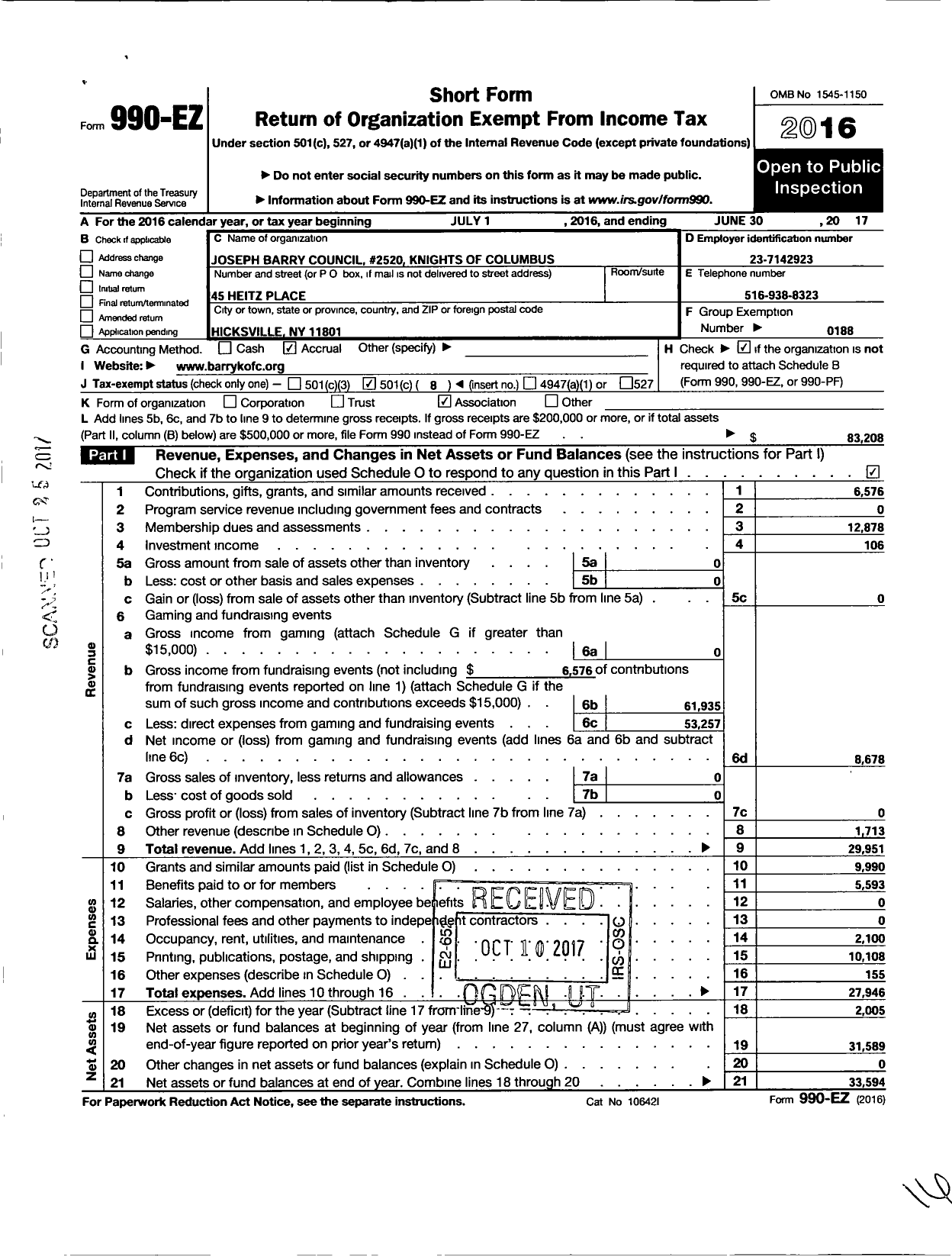 Image of first page of 2016 Form 990EO for Knights of Columbus - 2520 Joseph Barry Council