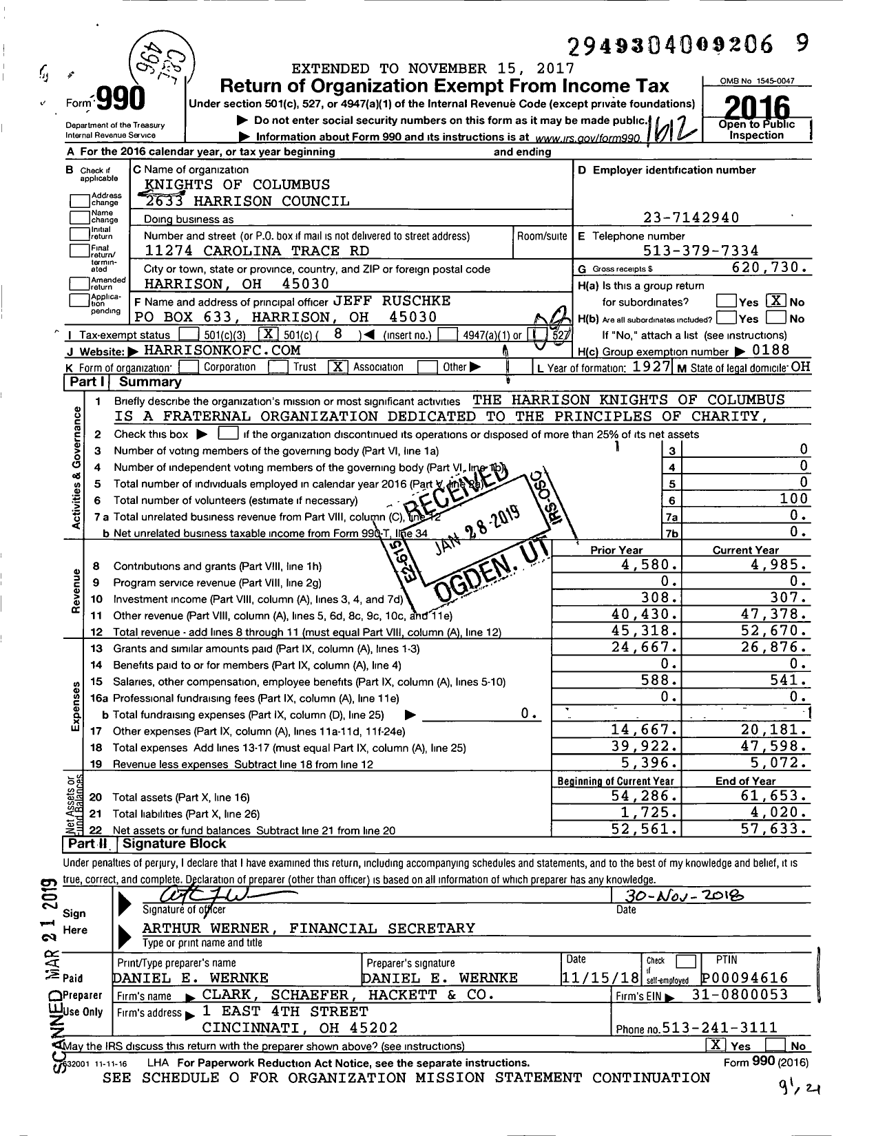 Image of first page of 2016 Form 990O for Knights of Columbus - 2633 Harrison Council