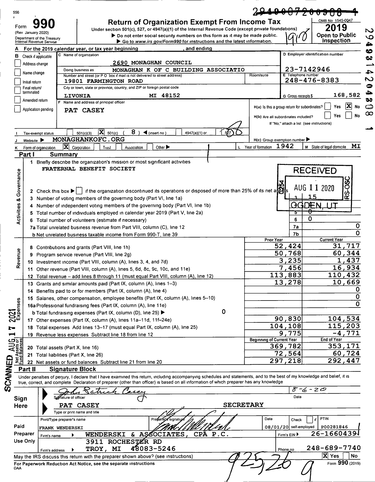 Image of first page of 2019 Form 990O for Knights of Columbus - 2690 Monaghan Council