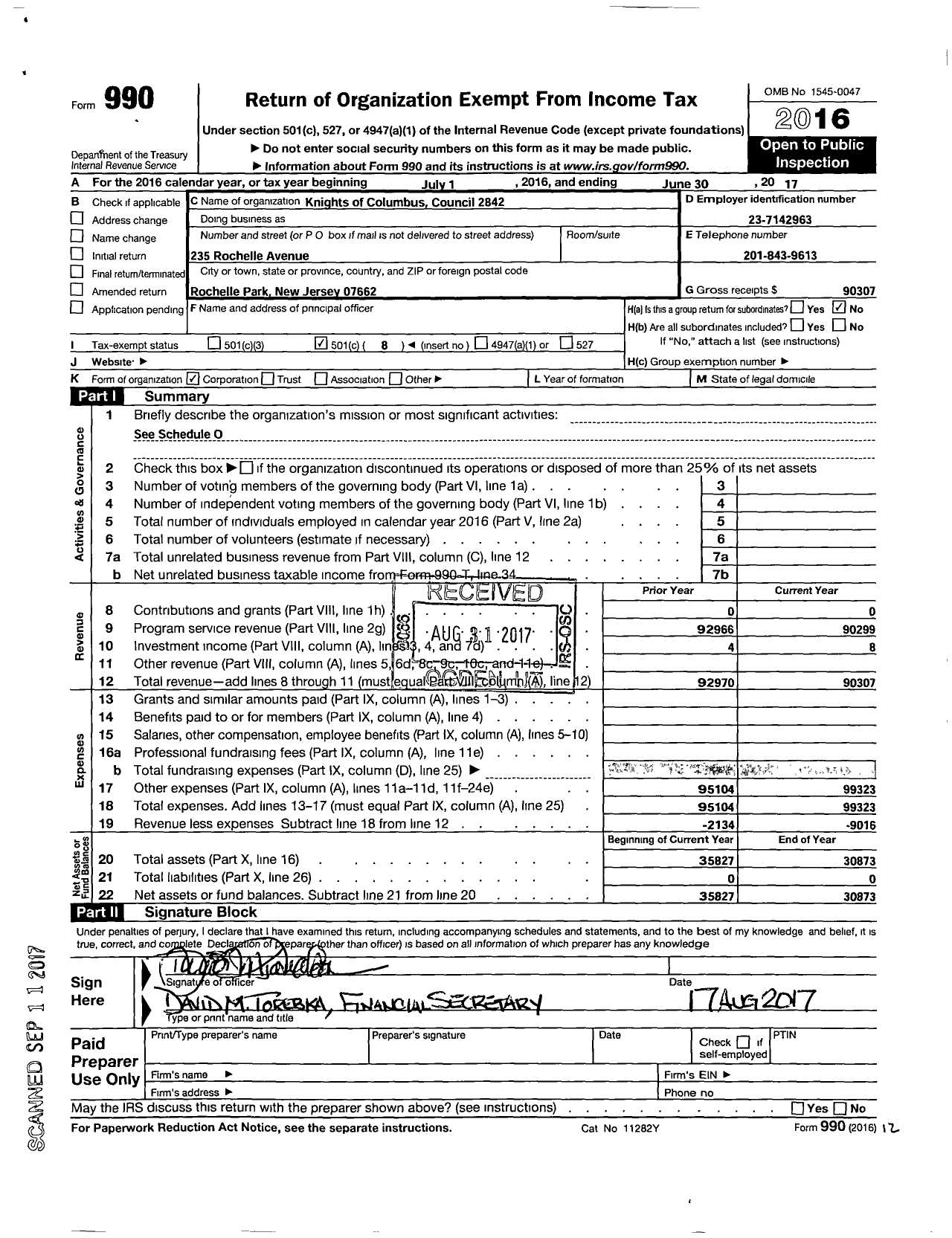 Image of first page of 2016 Form 990O for Knights of Columbus - 2842 Sacred Heart Council