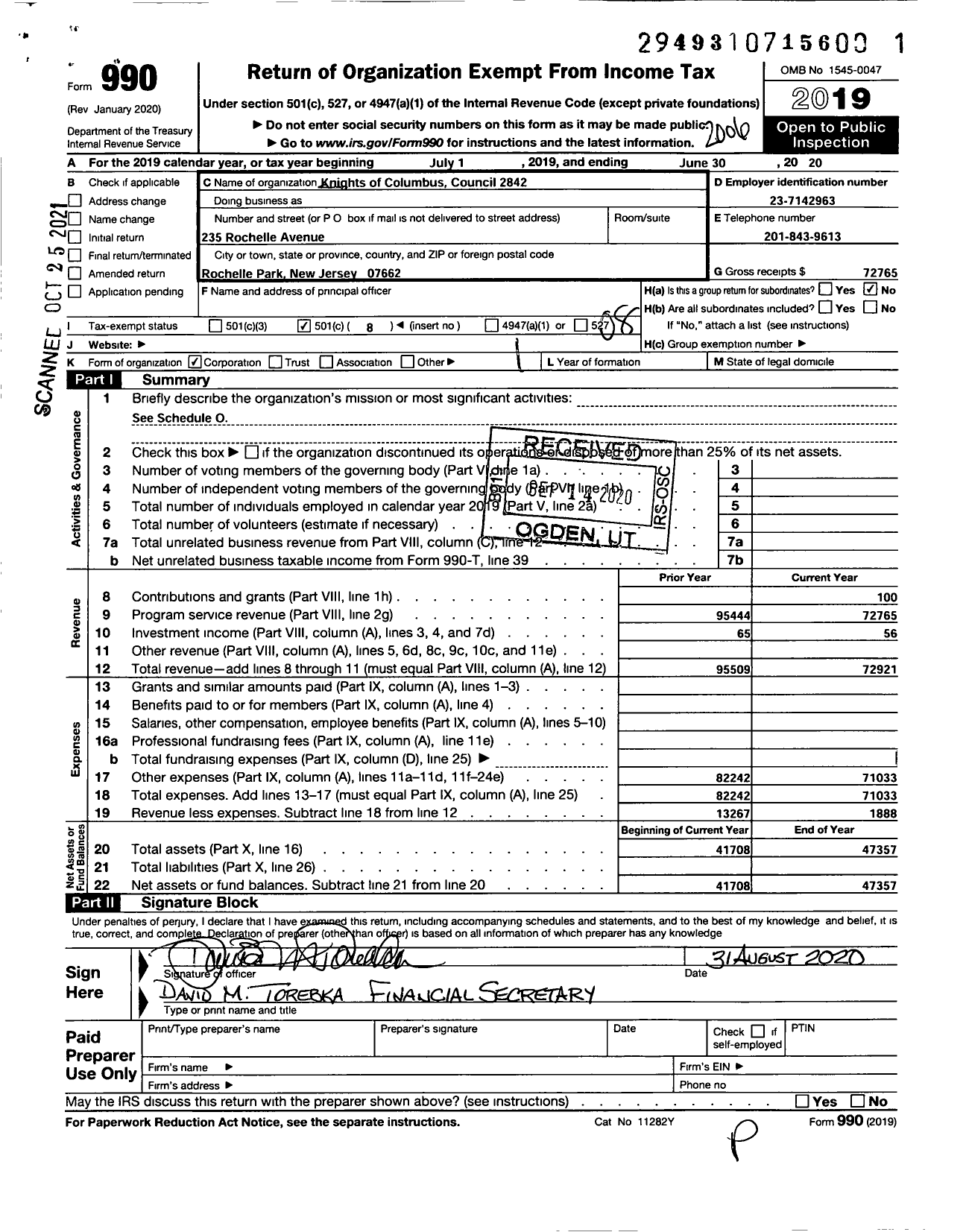 Image of first page of 2019 Form 990O for Knights of Columbus - 2842 Sacred Heart Council