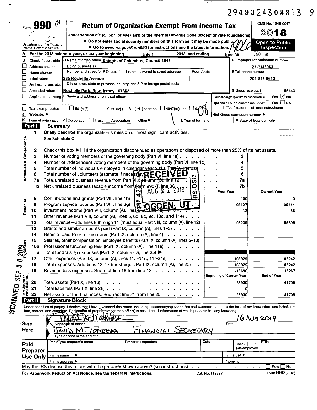 Image of first page of 2018 Form 990O for Knights of Columbus - 2842 Sacred Heart Council