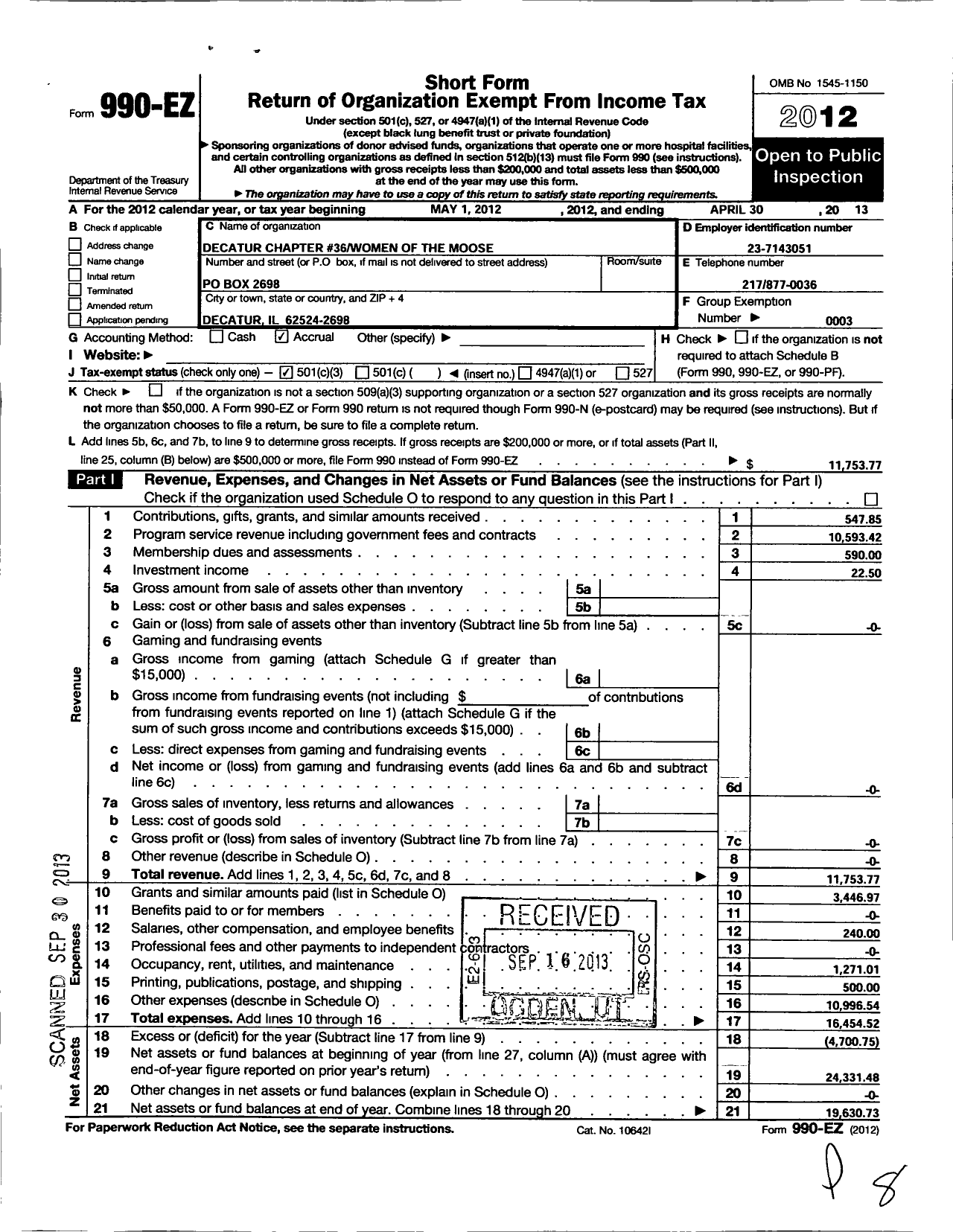 Image of first page of 2012 Form 990EZ for Loyal Order of Moose - 36